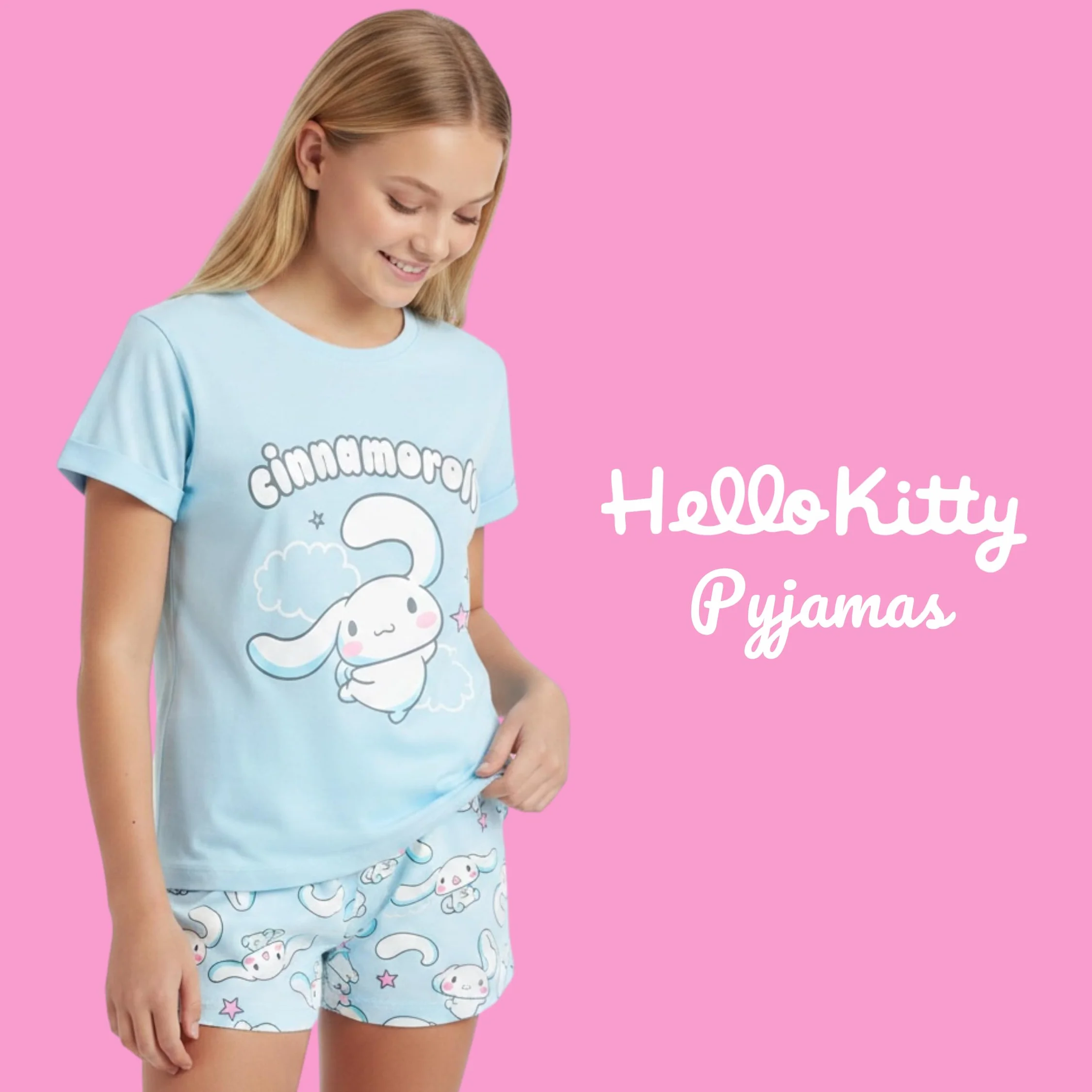Hello Kitty Cinnamoroll Camiseta y Pantalon para Niña, Conjunto 2 Piezas Camiseta Manga Corta y Pantalon Corto, Tallas 8 a 14 Años