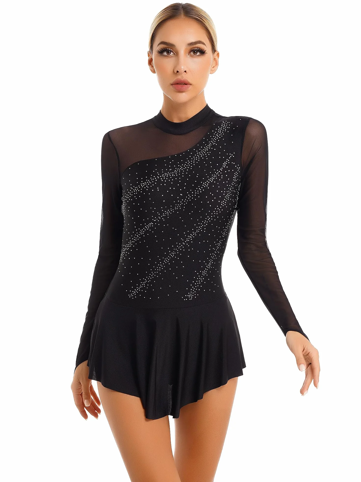 Vestido de Patinaje Artístico Mujer Manga Larga Leotardo Falda Ballet Gimnasia Rítmica Competición