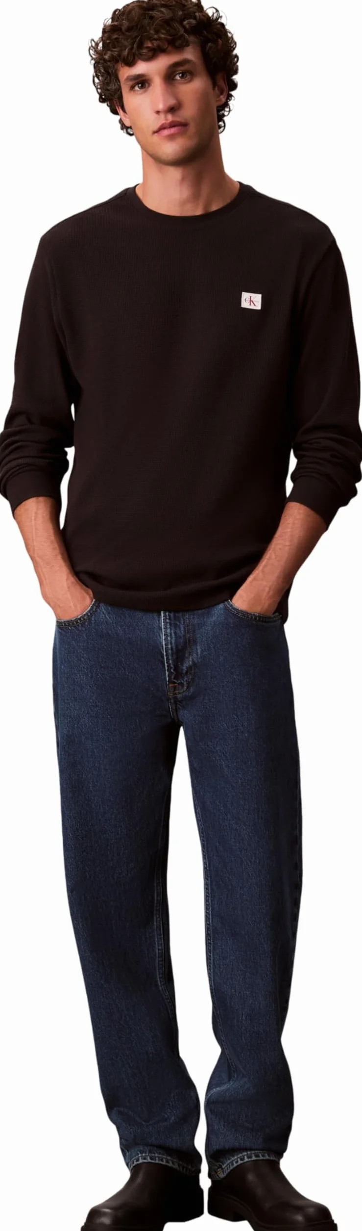 Calvin Klein Camiseta de Manga Larga Hombre Waffle Badge tee con Cuello Redondo