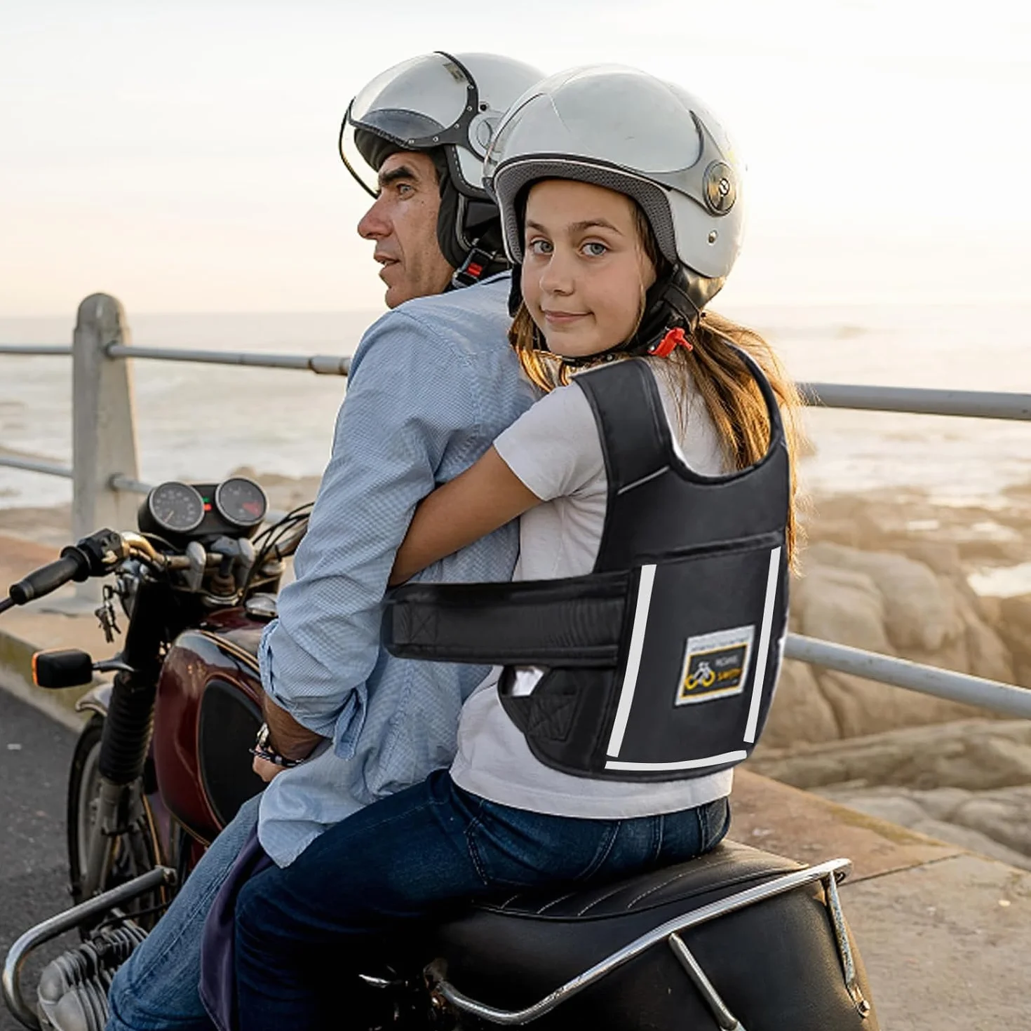 Cinturón de Moto con Bolsillo para Niños, Ajustable con Rayas Reflectantes Negro, Protección Anti-caída 1-12 Años