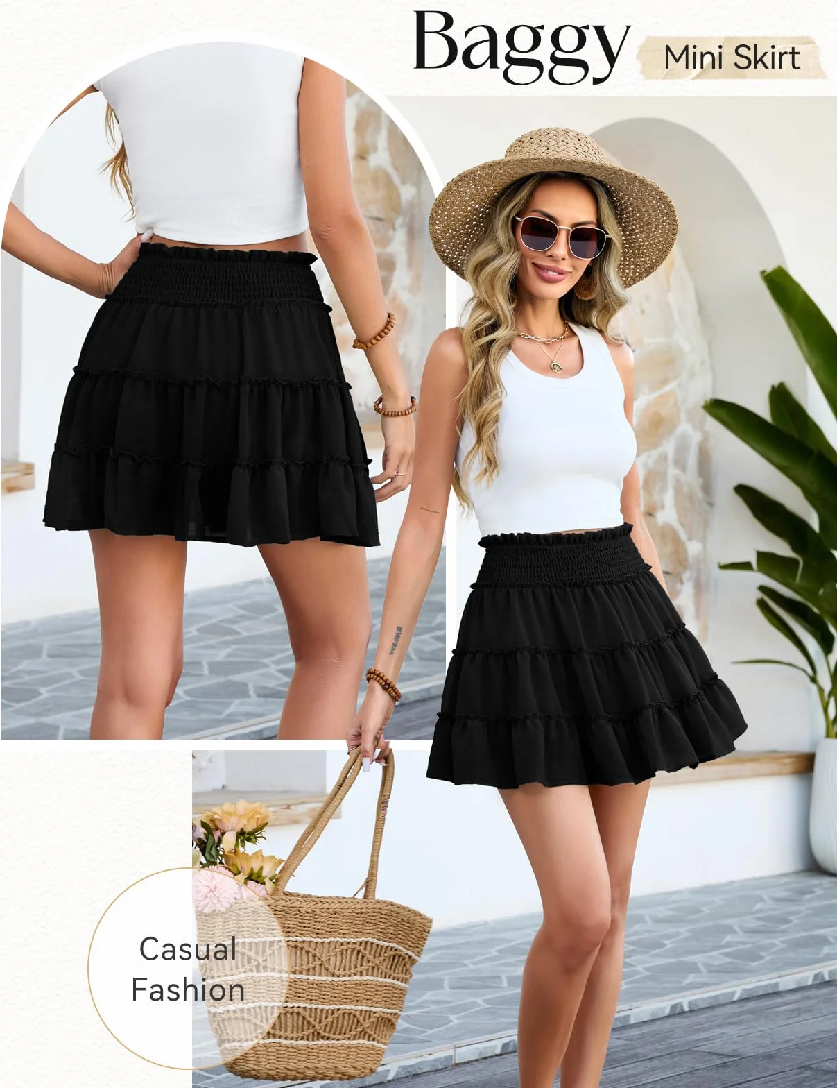 Faldas Mujer Verano Mini Cintura Alta Elástica Corta Falda de Playa con Short Forro