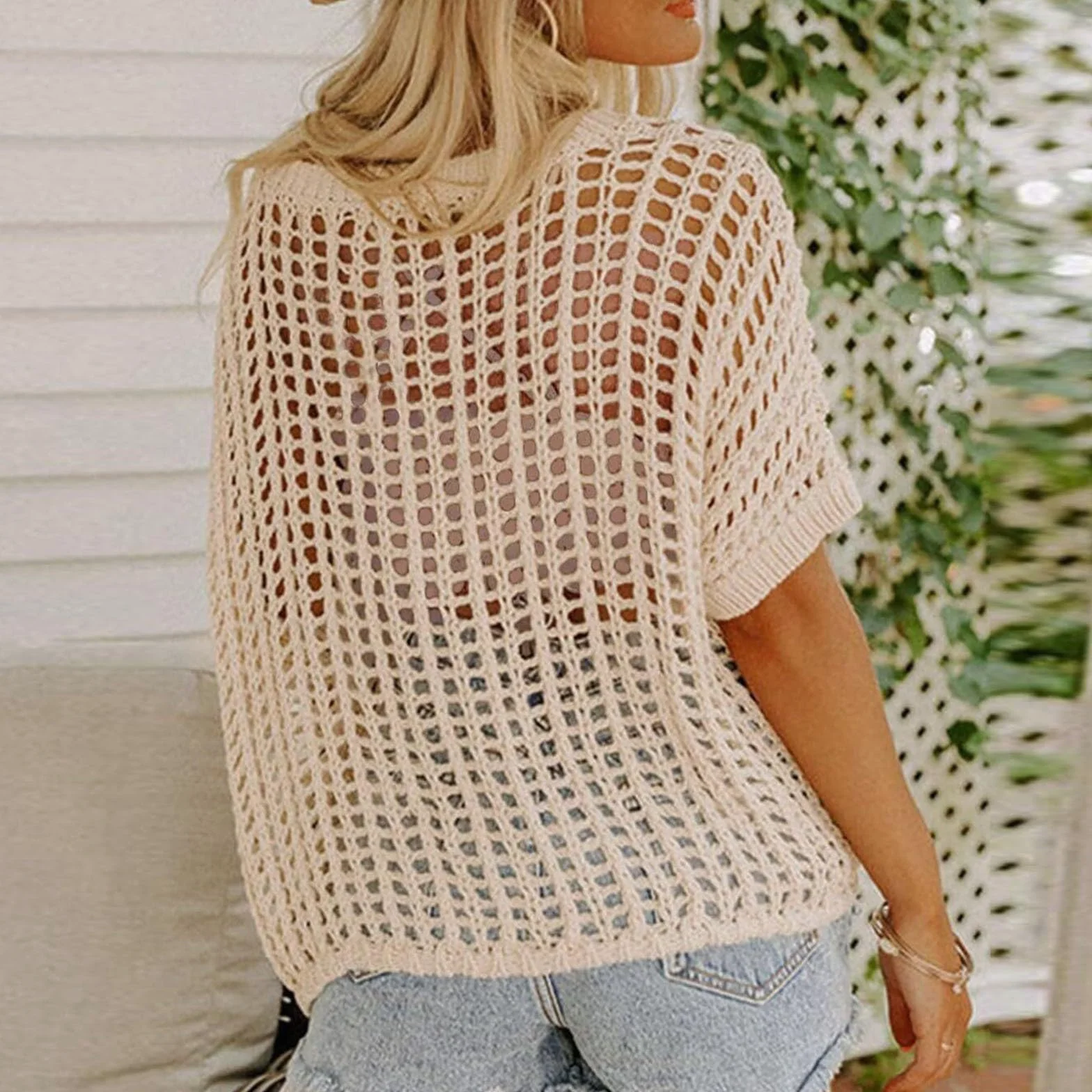 Top Mujer Ganchillo Cuello Redondo Cover Up Rejilla Chic Camiseta Punto Casual Blusa Suéter de Manga Corta con Cuello Redondo para Mujer, Tops de Punto calados de Ganchillo Informales