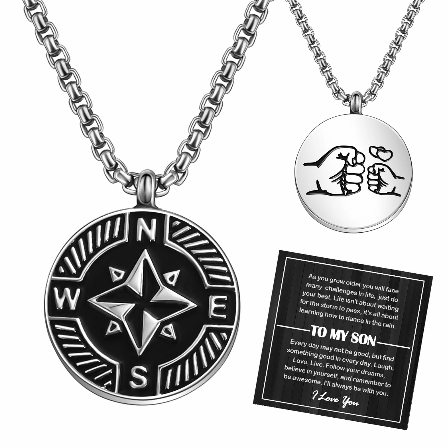 YELUWA Collar de acero inoxidable forjado con brújula para hombre, negro y plata