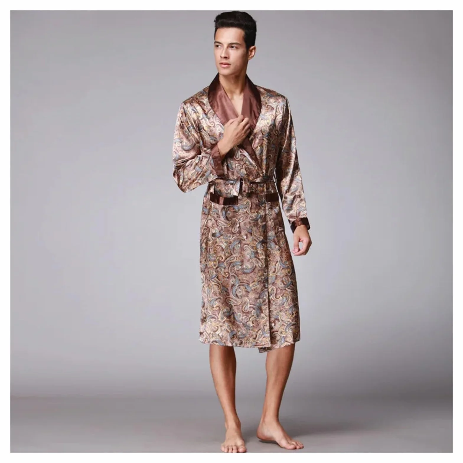 Bata Hombre Seda, Ropa De Dormir De Seda Satinada, Bata De Baño De Verano, Pijama De Manga Larga, Bata De Dormir, Pijama Sleepwar Hombre para SPA (Coffee, XXL)