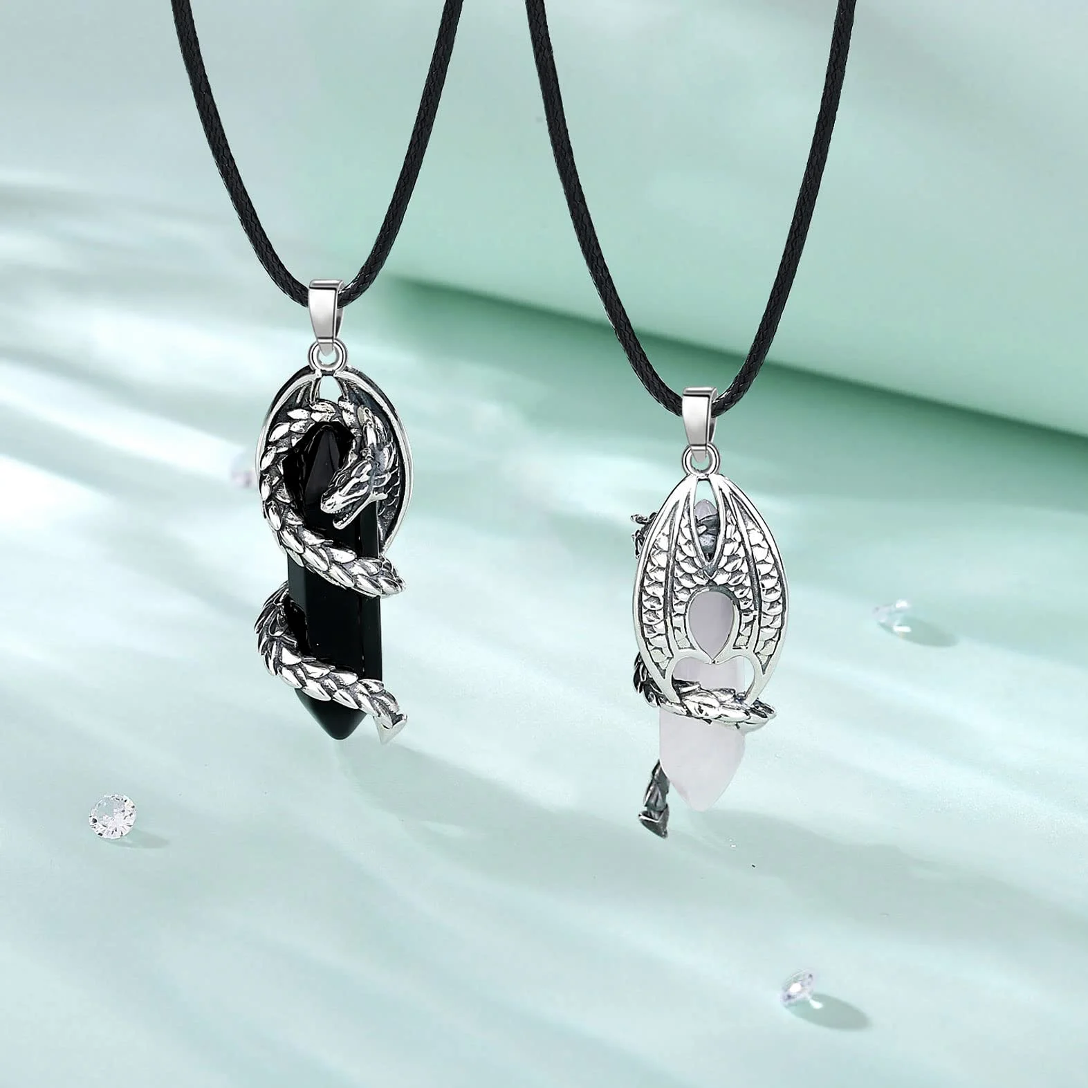 Collares Dragón para Mujer Hombre, Colgantes Cristal Rosa Obsidiana Energía Collar Vikingo Collar the Witcher, Dragón Vintage Joyería, Original Regalo para Hombre Mujer, 51CM+61CM