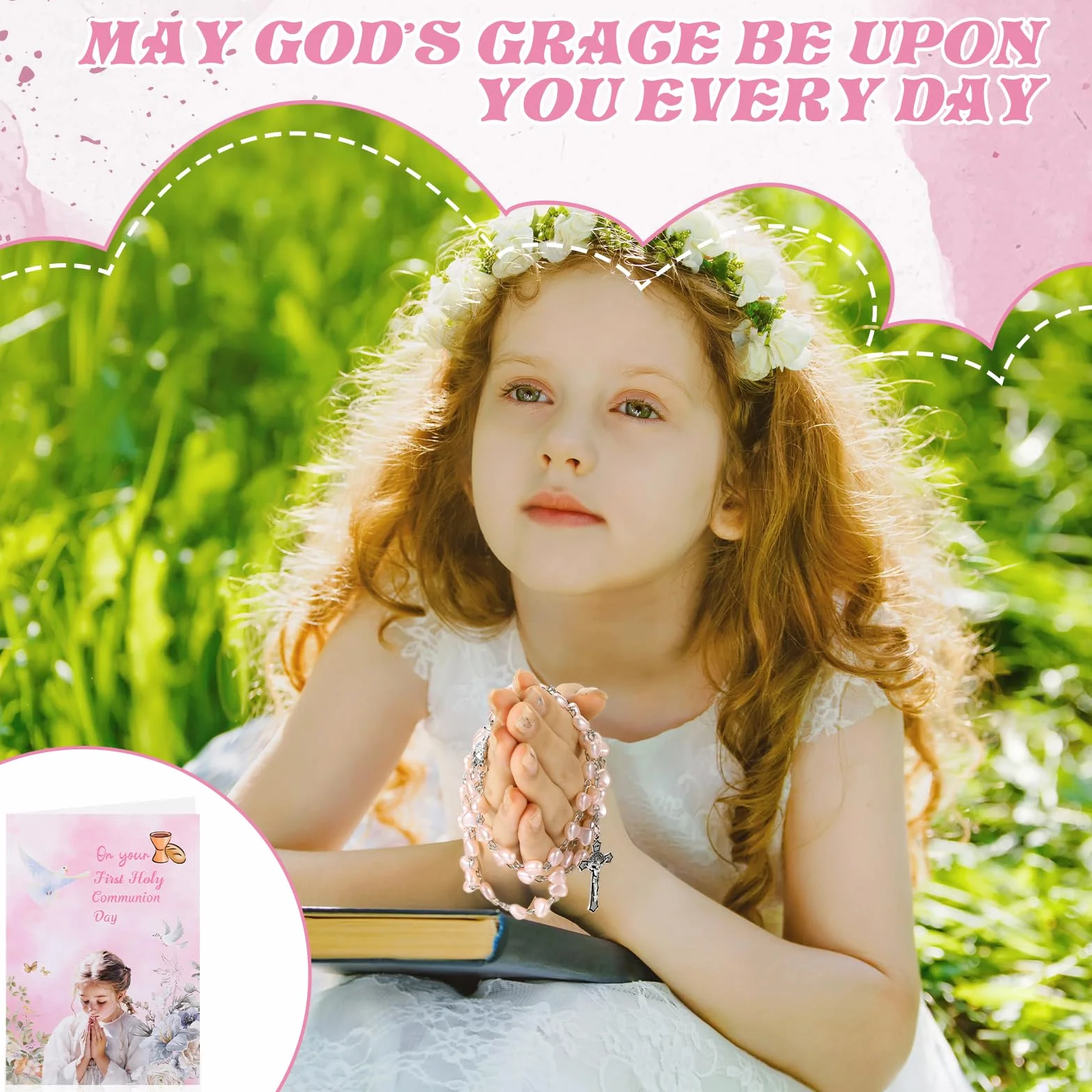 Sinmoe Set de 3 Rosario Corazón Primera Comunión con Tarjetas y Bolsa Cordón Collar Rosario Metálico Cruz Perlas Católicas para Niñas Niños Regalo Bautizo Rosa