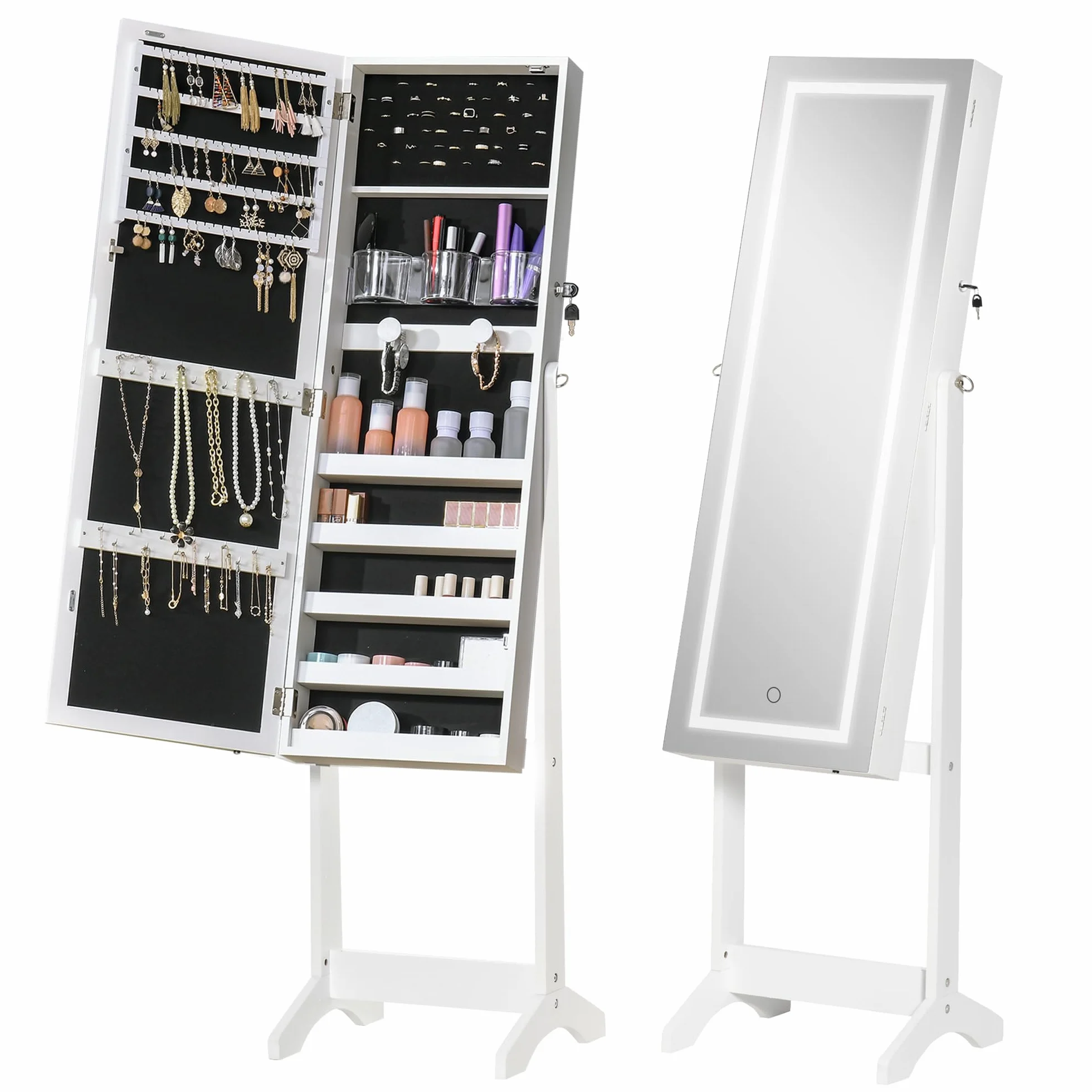 HOMCOM Espejo Joyero con Luces LED, Armario de Pie, Cierre Magnético, Blanco y Forro Negro