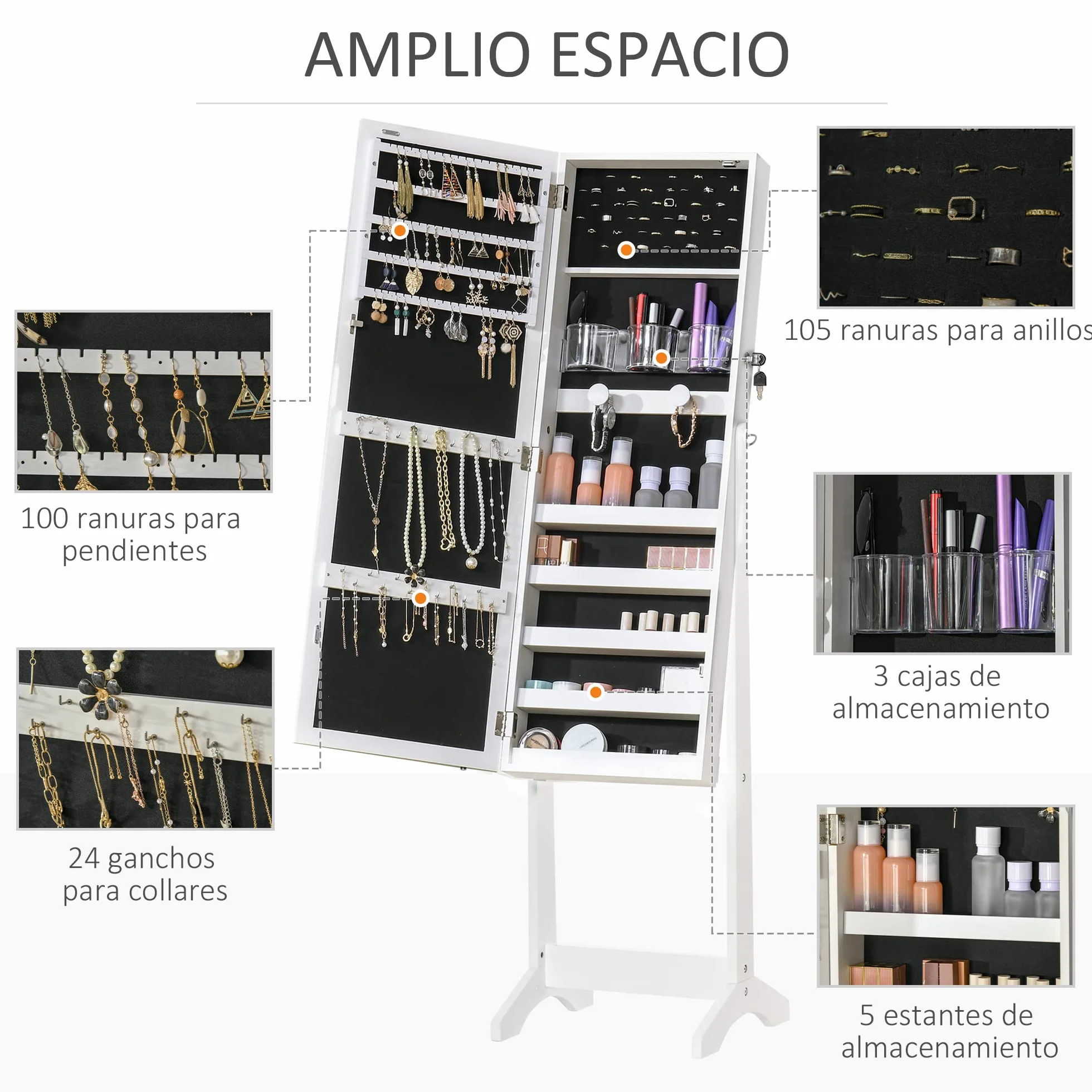 HOMCOM Espejo Joyero con Luces LED, Armario de Pie, Cierre Magnético, Blanco y Forro Negro