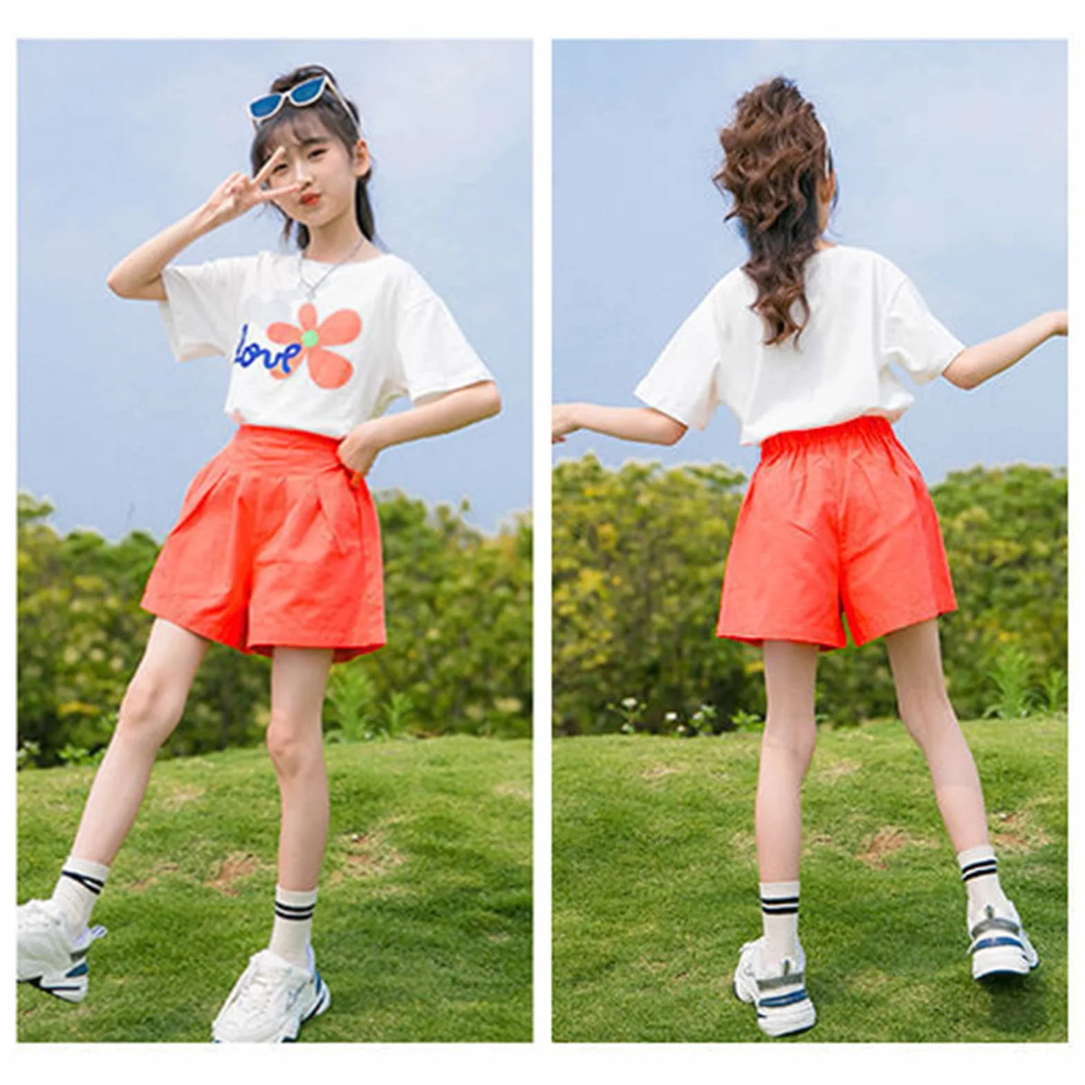amropi Niña 2 Piezas Floral Camiseta de Manga Corta y Pantalones Cortos Verano Conjunto de Ropa 3-13 años