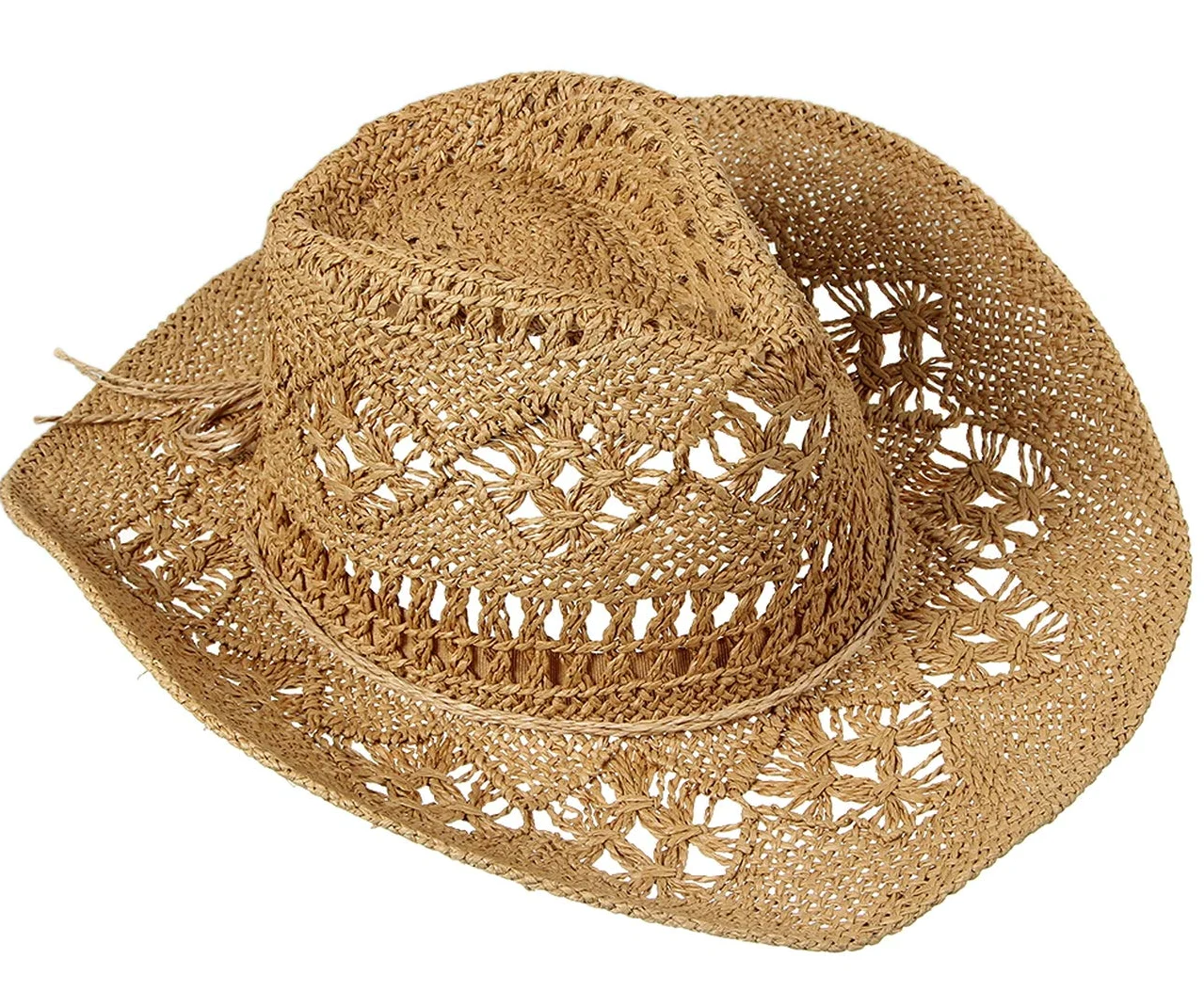 EOZY Sombrero de paja para hombre y mujer, diseño de vaquera, tejido ahuecado, enrollable, de ala ancha