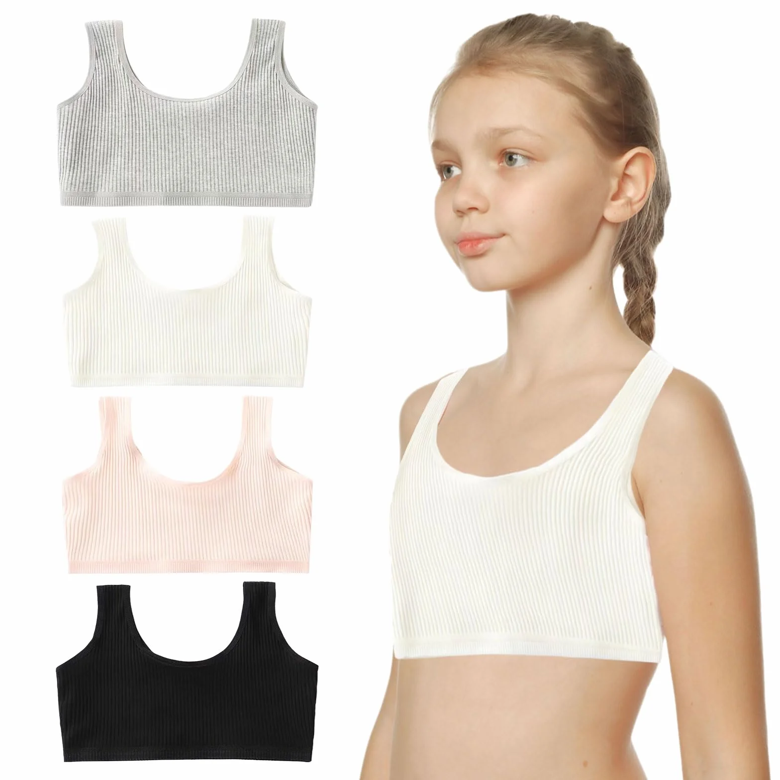 Sujetador Niña Algodón Top Deportivo Ropa Interior Entrenamiento 7-12 años 4 Piezas