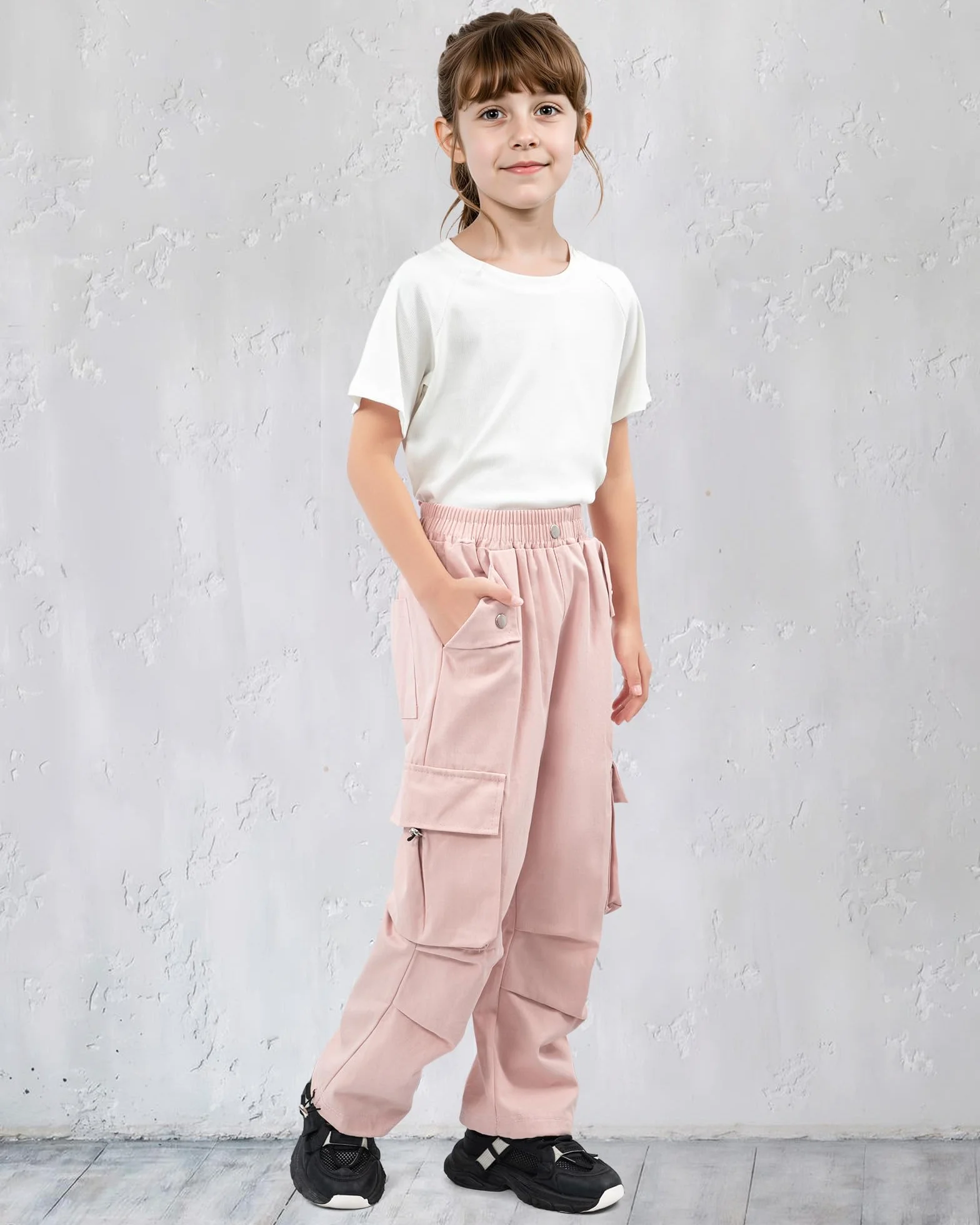 KAKU NANU Pantalones Cargo para niña Cintura elástica Bolsillos