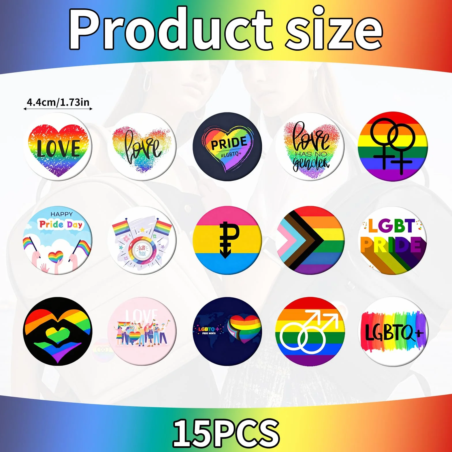 Chapas Pride LGBTQ 15 Piezas 44MM, Insignias Arcoíris LGBT, Pines Redondos de Metal, Set Broches Orgullo