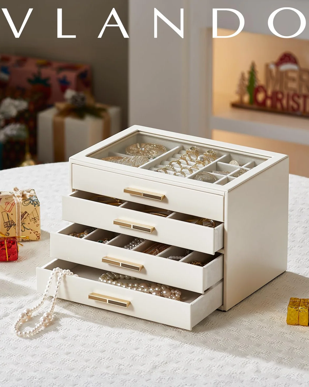 Vlando Joyero Grande Cinderella Plus con 4 Cajones y Tapa de Cristal Beige