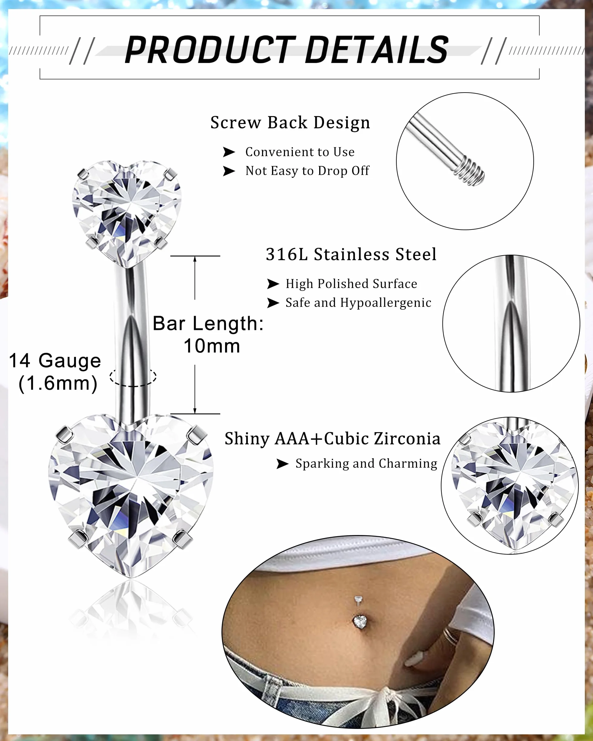 YADOCA 14G 9 Piezas Piercing Ombligo Acero Quirúrgico Plata/Oro CZ Clicker Colgante Anillo