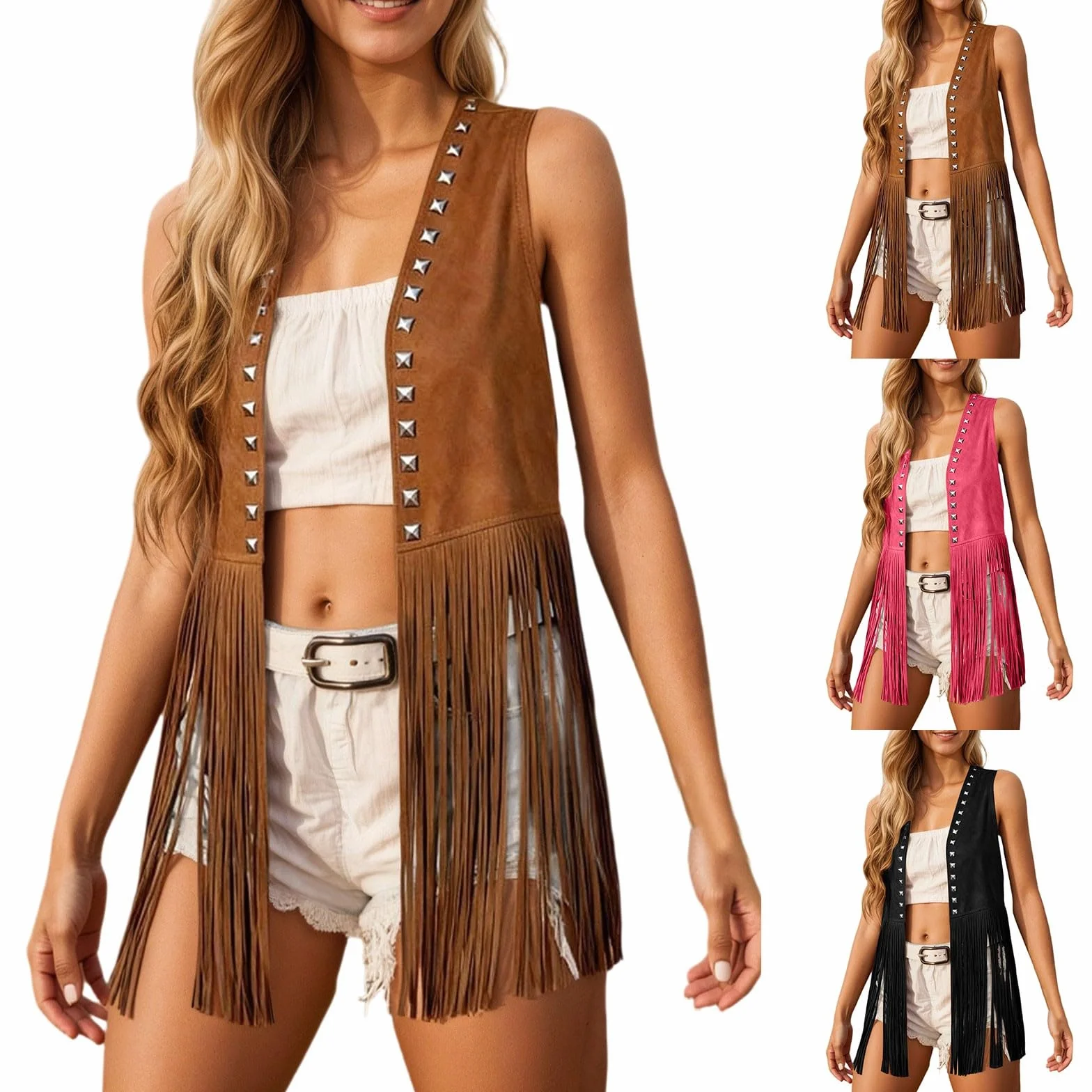 Generisch Chaleco de ante sintético para mujer, con flecos, estilo étnico, vaquero, vaquera, hippie, sin mangas, cárdigan para carnaval, disfraz, cosplay, fiesta, 60, 70, piel sintética, chaleco con