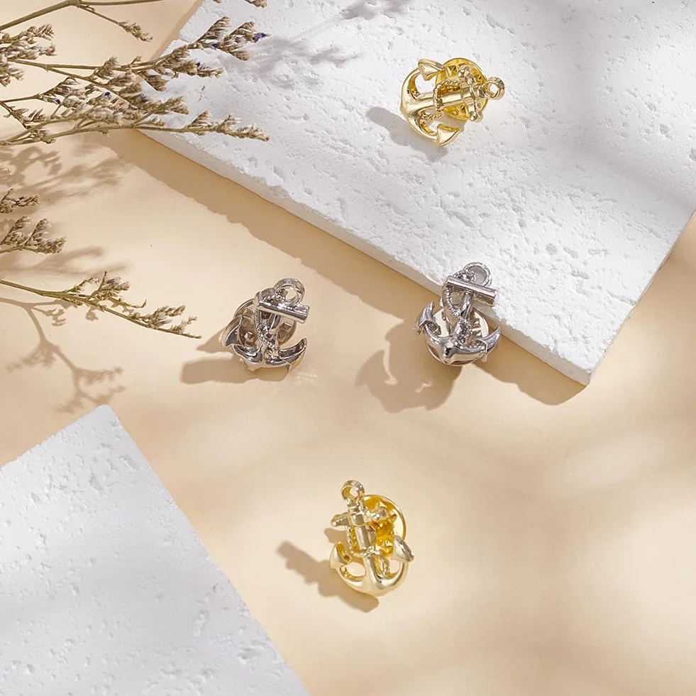 WEBEEDY 4 piezas Broche Ancla Oro Plata para Hombres Mujeres Pines de Solapa de Marina Metal