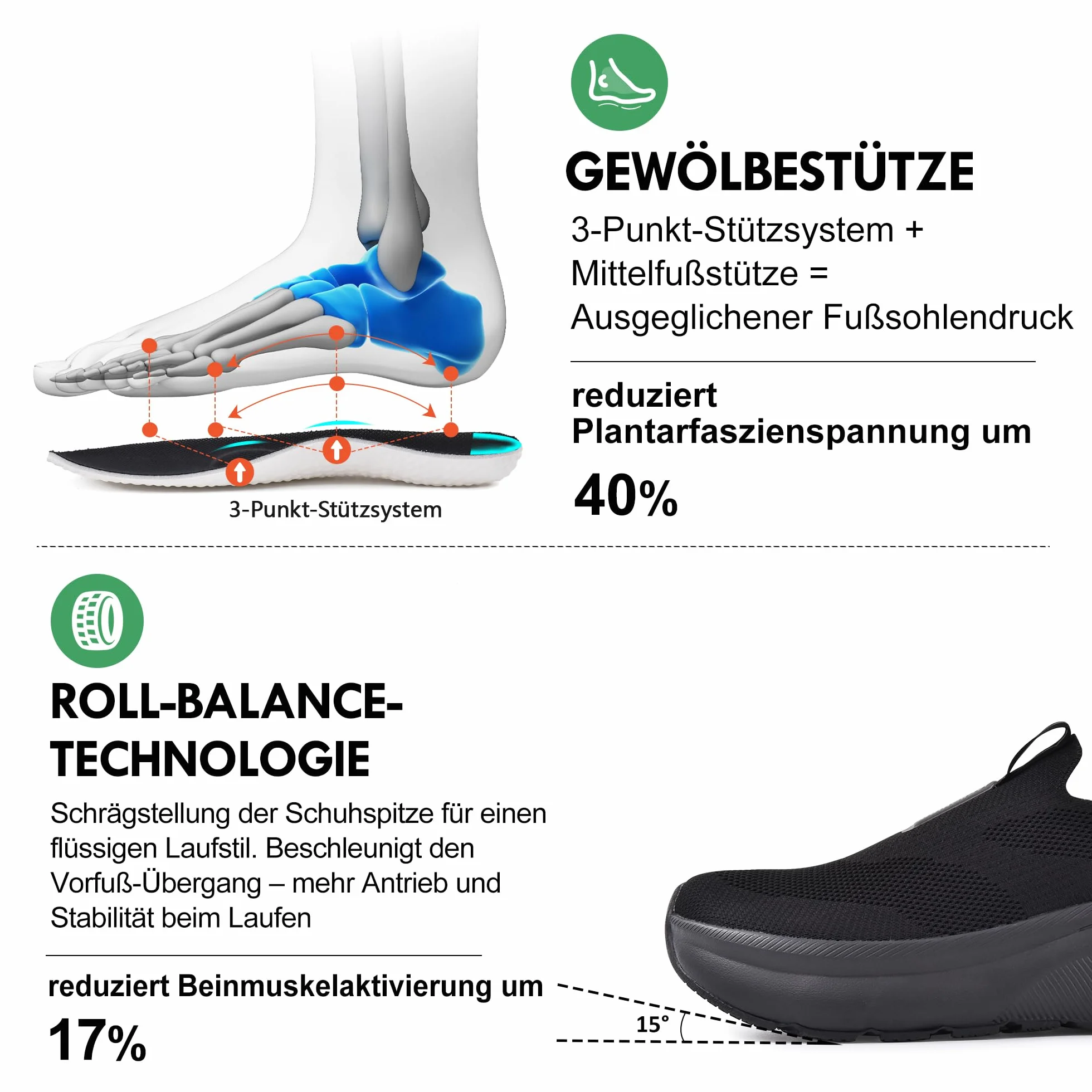 JACKSHIBO Slip on Sneakers Orthopädische Schuhe Memory Foam Walking Schuhe mit weite Zehenbox Nullabsatz Sohlen, Negro, 45 EU