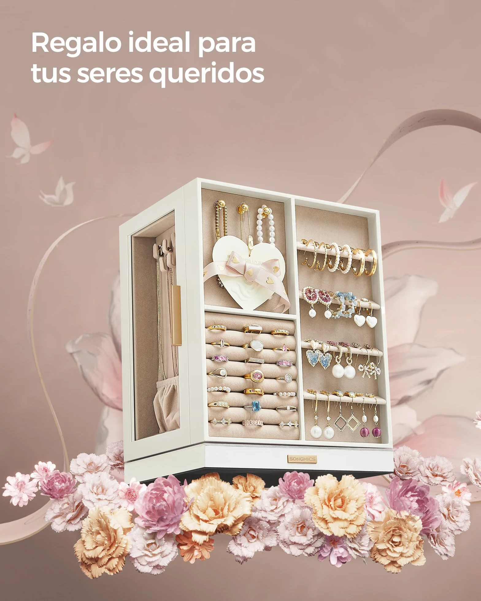 SONGMICS GISELLA Caja Joyero Giratorio 360° 5 Cajones Ventanas de Cristal Blanco Nube JBC170W01