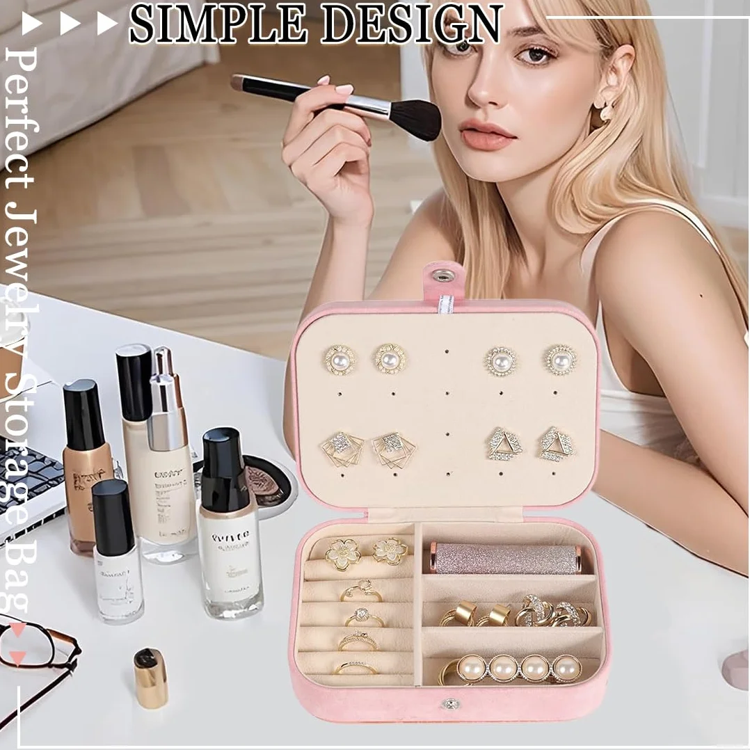 Joyero Pequeño Portátil para Mujer, Caja de Joyas para Anillos, Pendientes, Collares, Pulseras - Rosa