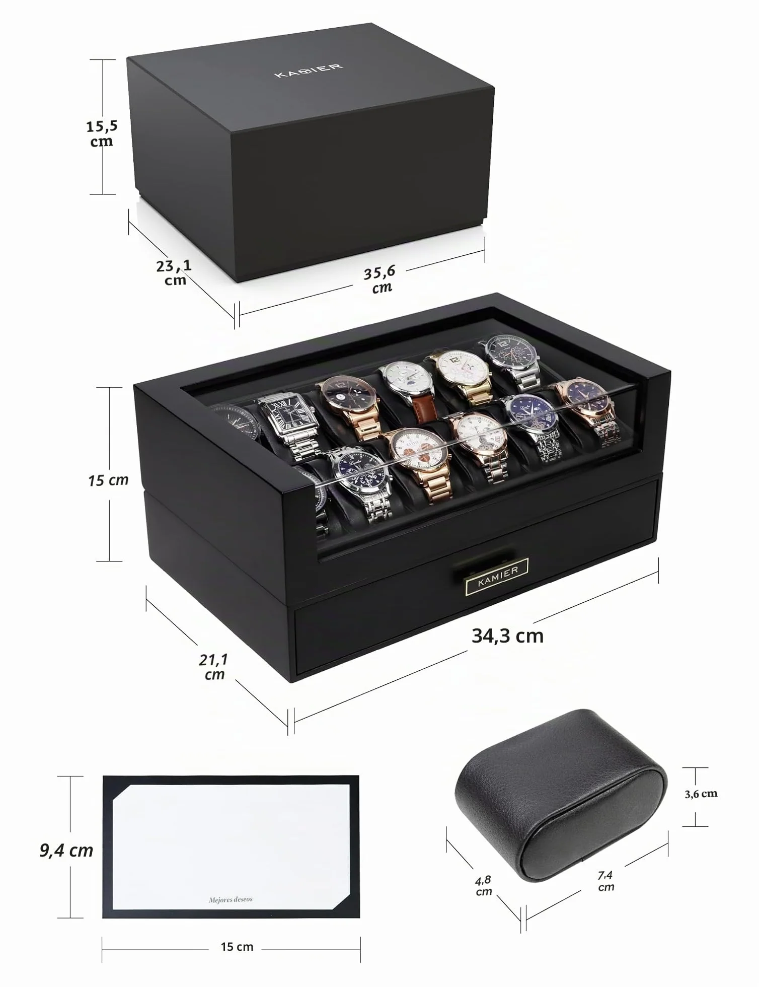 Caja de reloj de madera 12 ranuras con cajón, exhibición con tapa de cristal, soporte 2 capas para almacenamiento de joyas