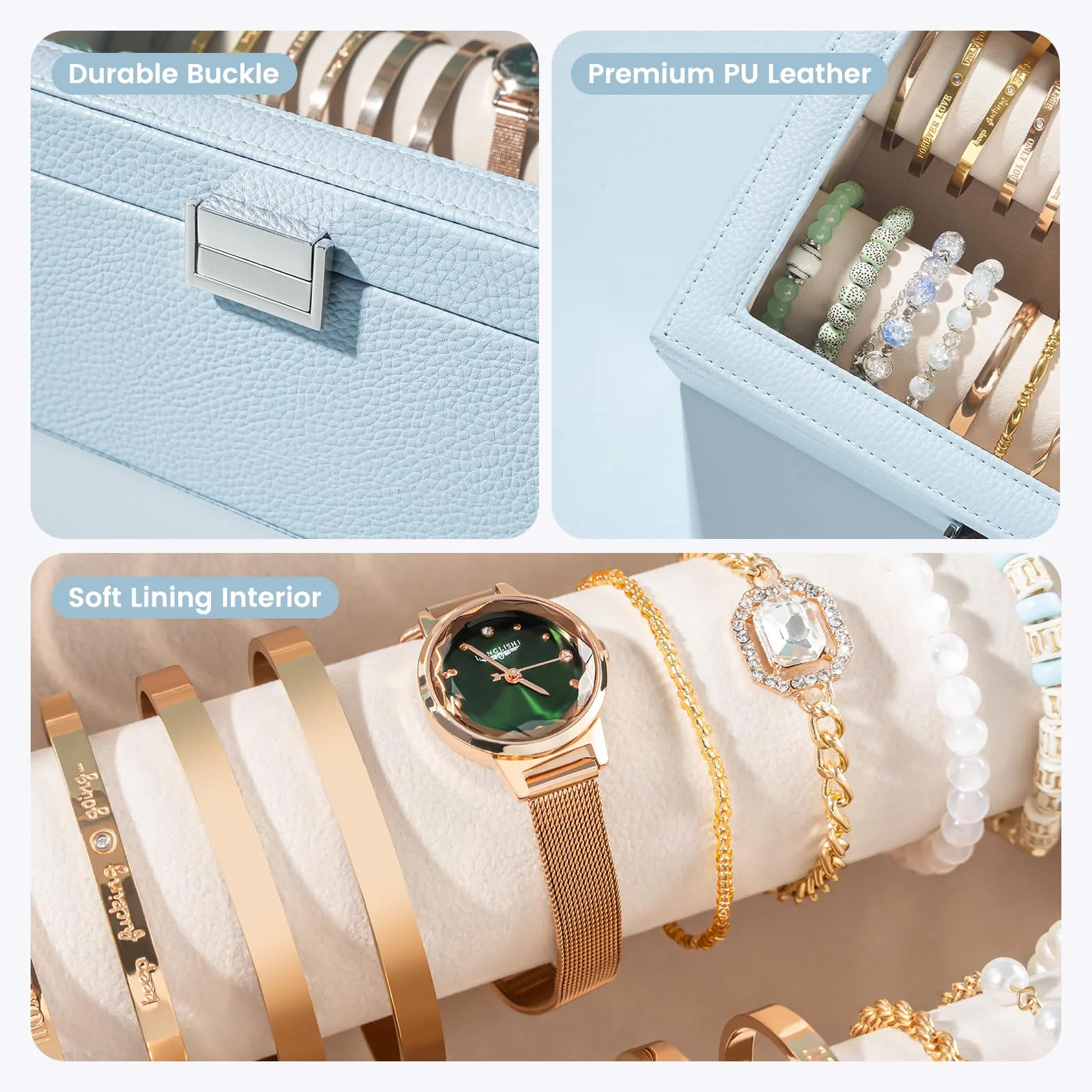 Lolalet Organizador de Joyería para Pulseras y Relojes con Barra, Caja de Almacenaje Transparente - Azul