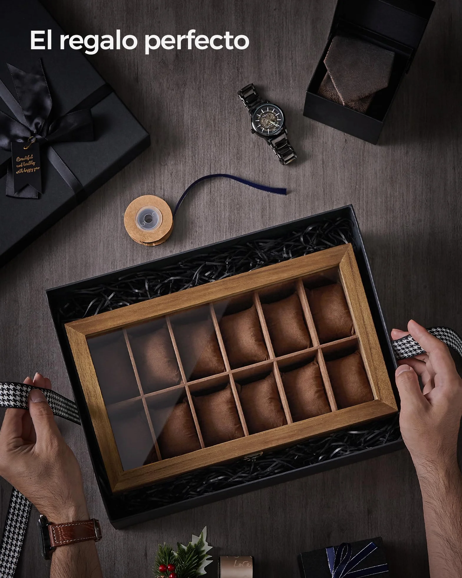 SONGMICS Caja para Relojes 12 Compartimentos Madera Maciza Tapa Cristal Nogal Rústico JOW120K01