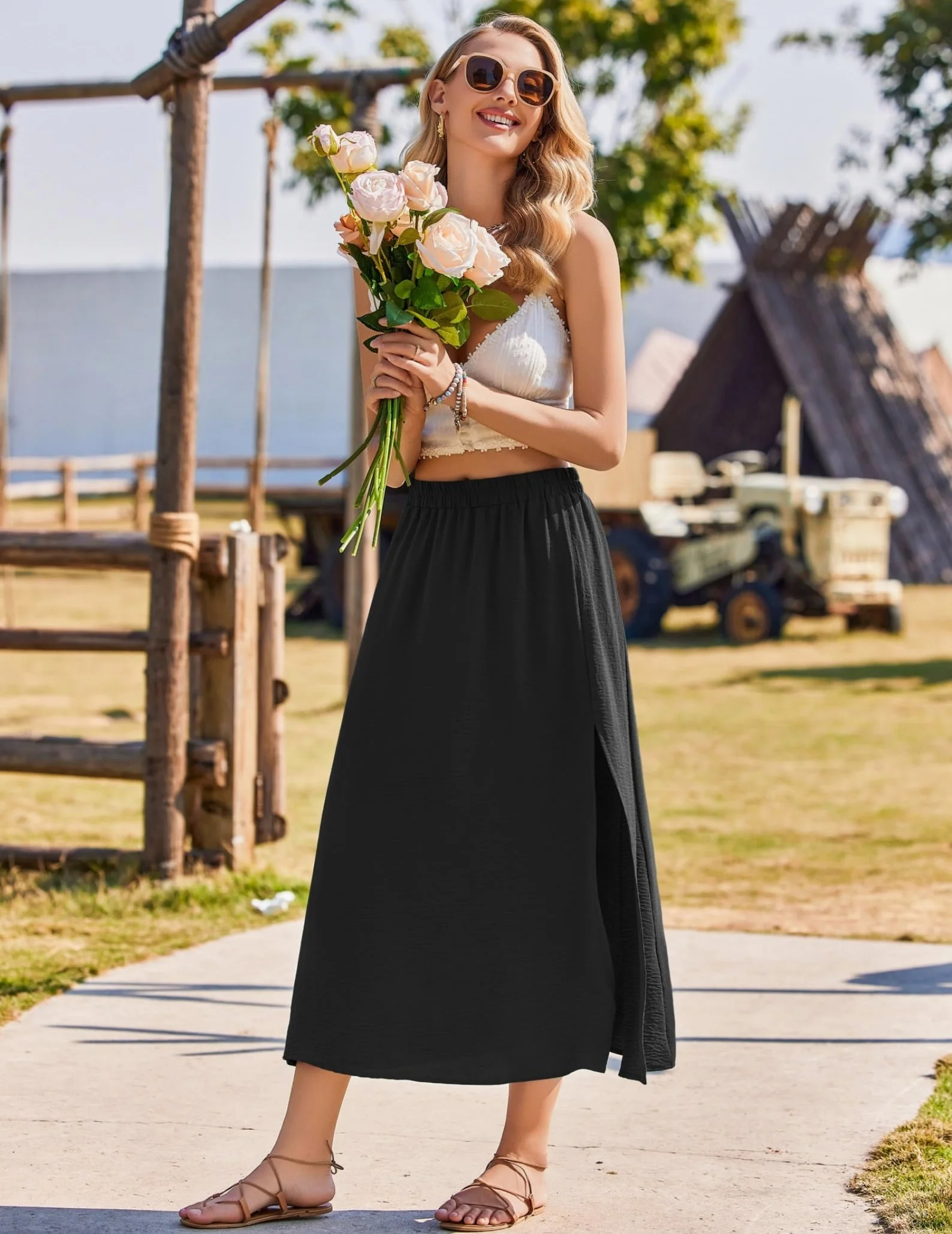 Zeagoo Falda Larga Mujer Verano Elegante Sólido Cintura Alta Elástica A Línea Falda de Playa con Abertura S-XXL