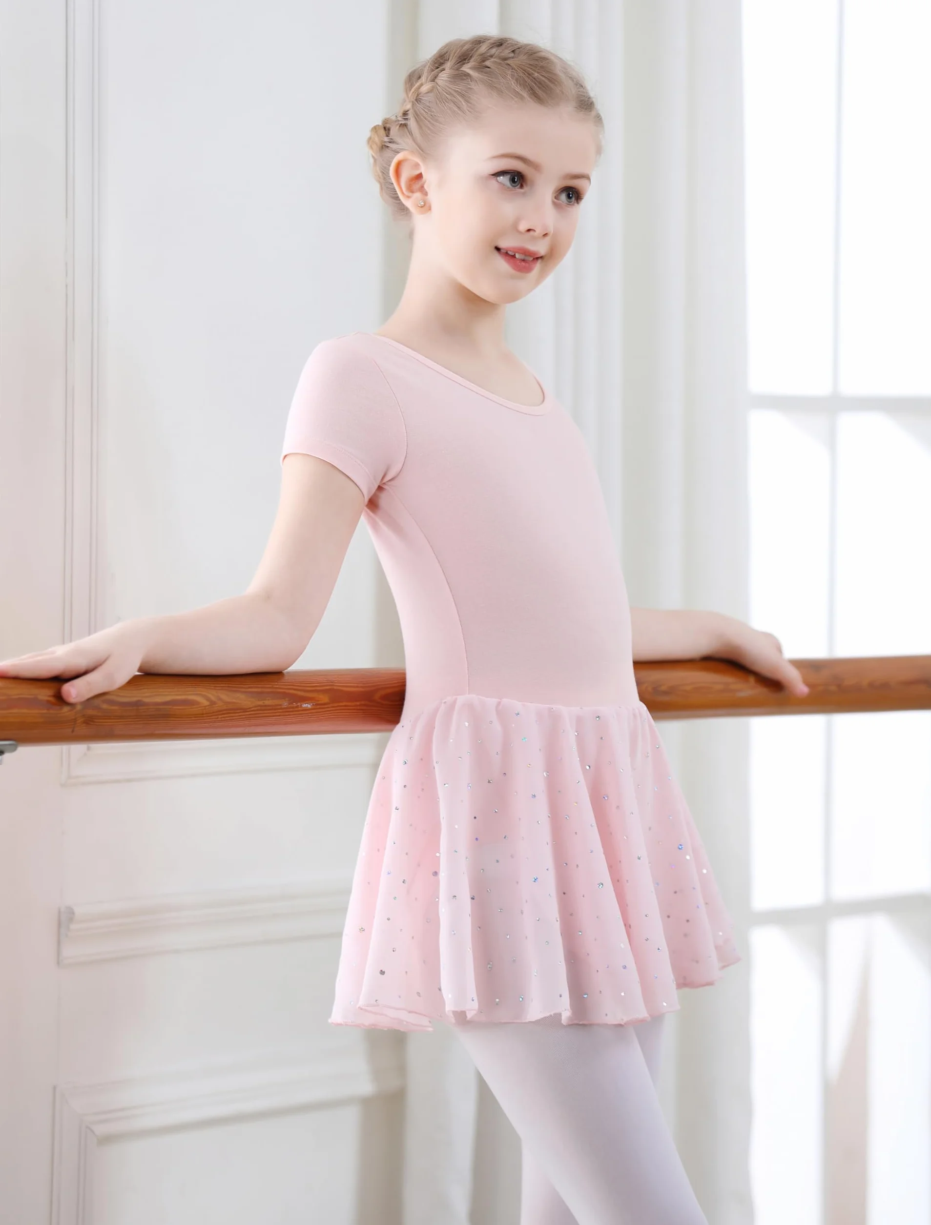 Vestido Maillot de Danza Ballet para Niña Manga Corta Leotardo Tutú
