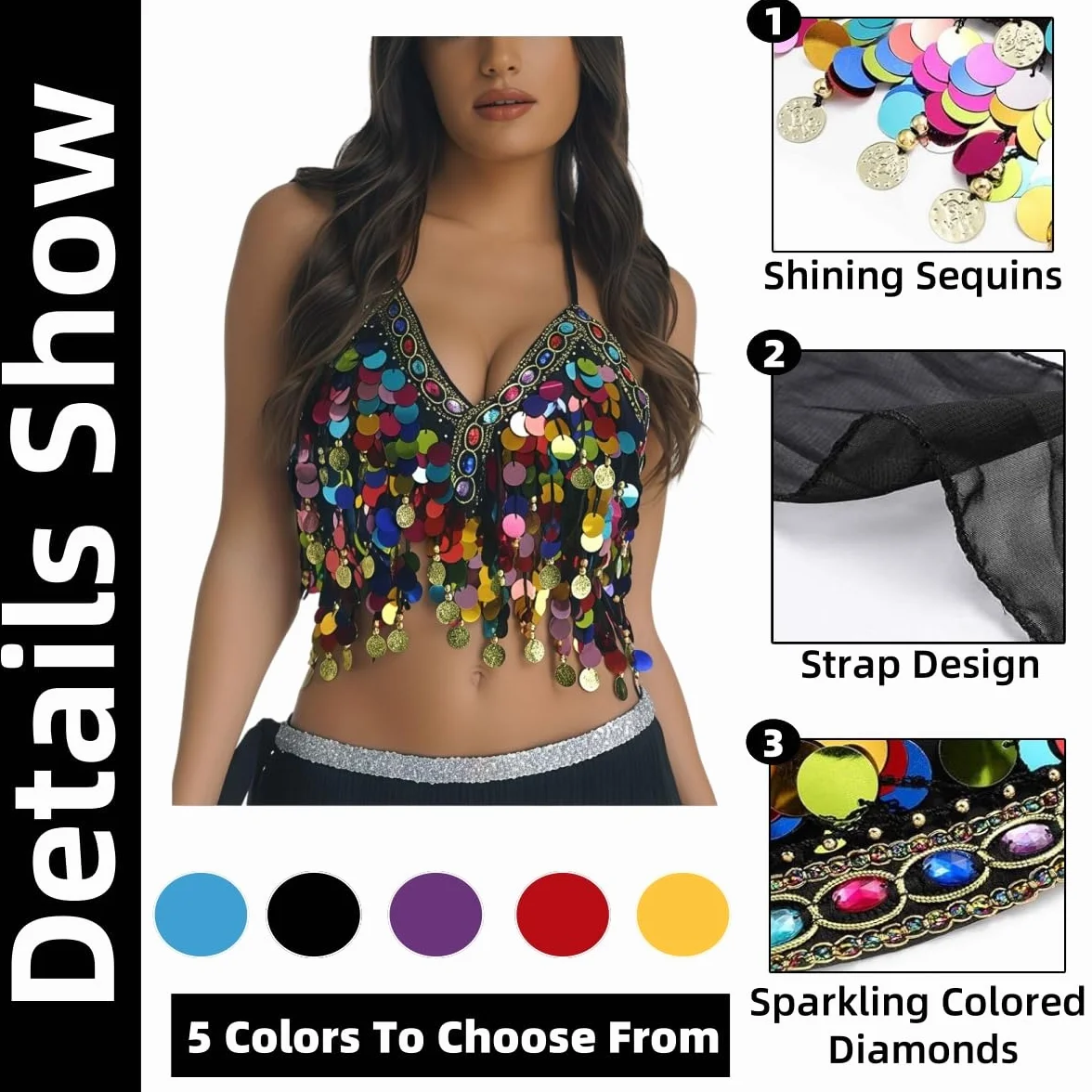 Sujetador con lentejuelas para danza del vientre, top corto brillante cuello halter flecos