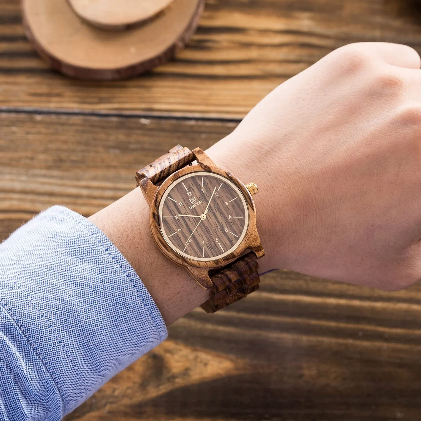 MUJUZE Reloj de Madera para Hombre, Movimiento japonés, Reloj analógico de Cuarzo con Pantalla de Fecha y Puntos Luminosos, Regalo para Hombre