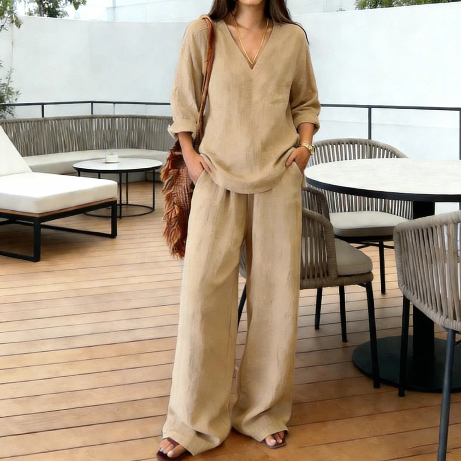 Genérico Conjunto Lino Mujer Verano 2 Piezas Sueltas Algodón y Lino Traje de Primavera Ligero Chándal Blusa Manga Larga Pantalones Moda Tallas Grandes Ropa de Playa Vacaciones Deportivo Casa Trabajo