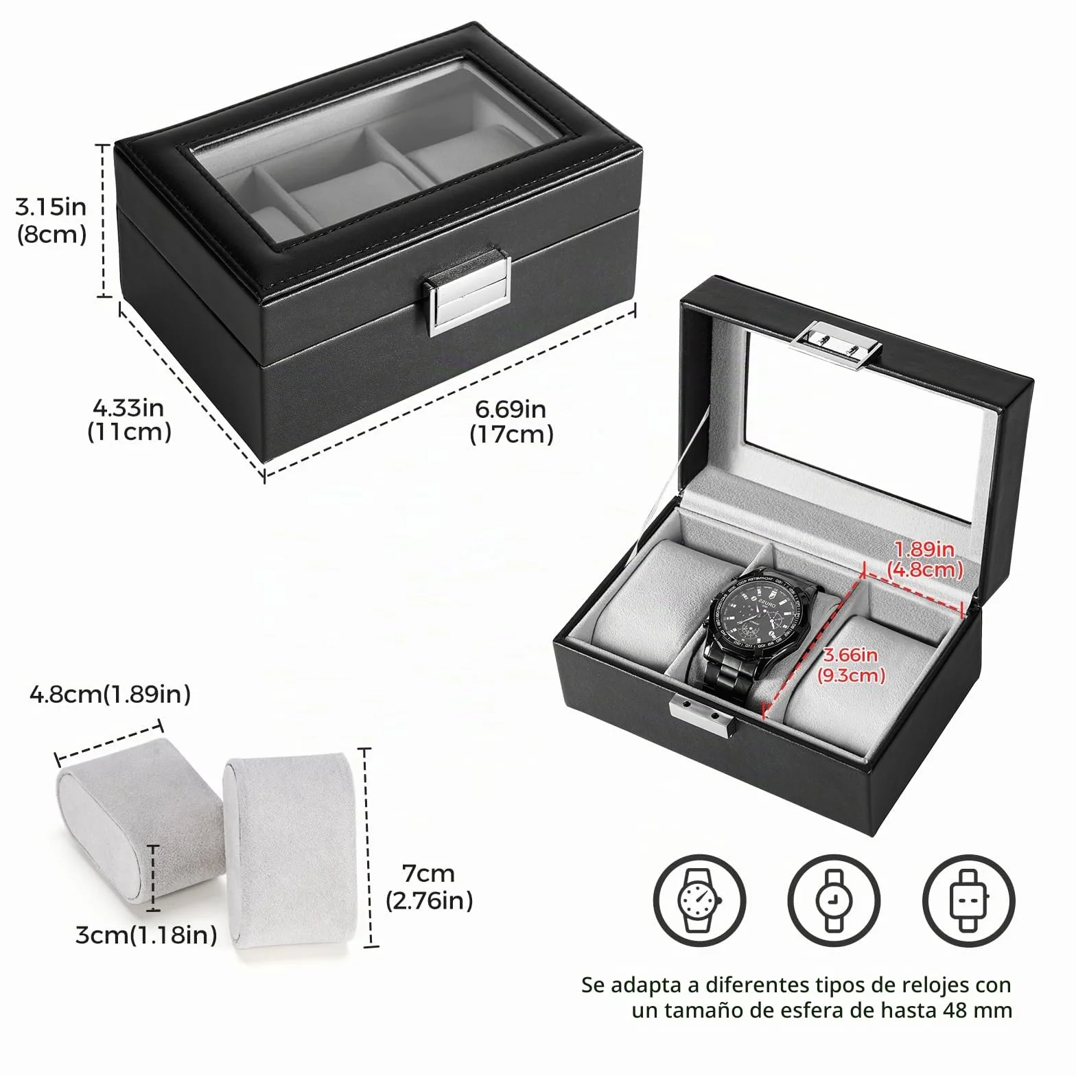 ProCase Caja de Relojes 3 Compartimentos Tapa de Cristal Cojín Extraíble Organizador Negro