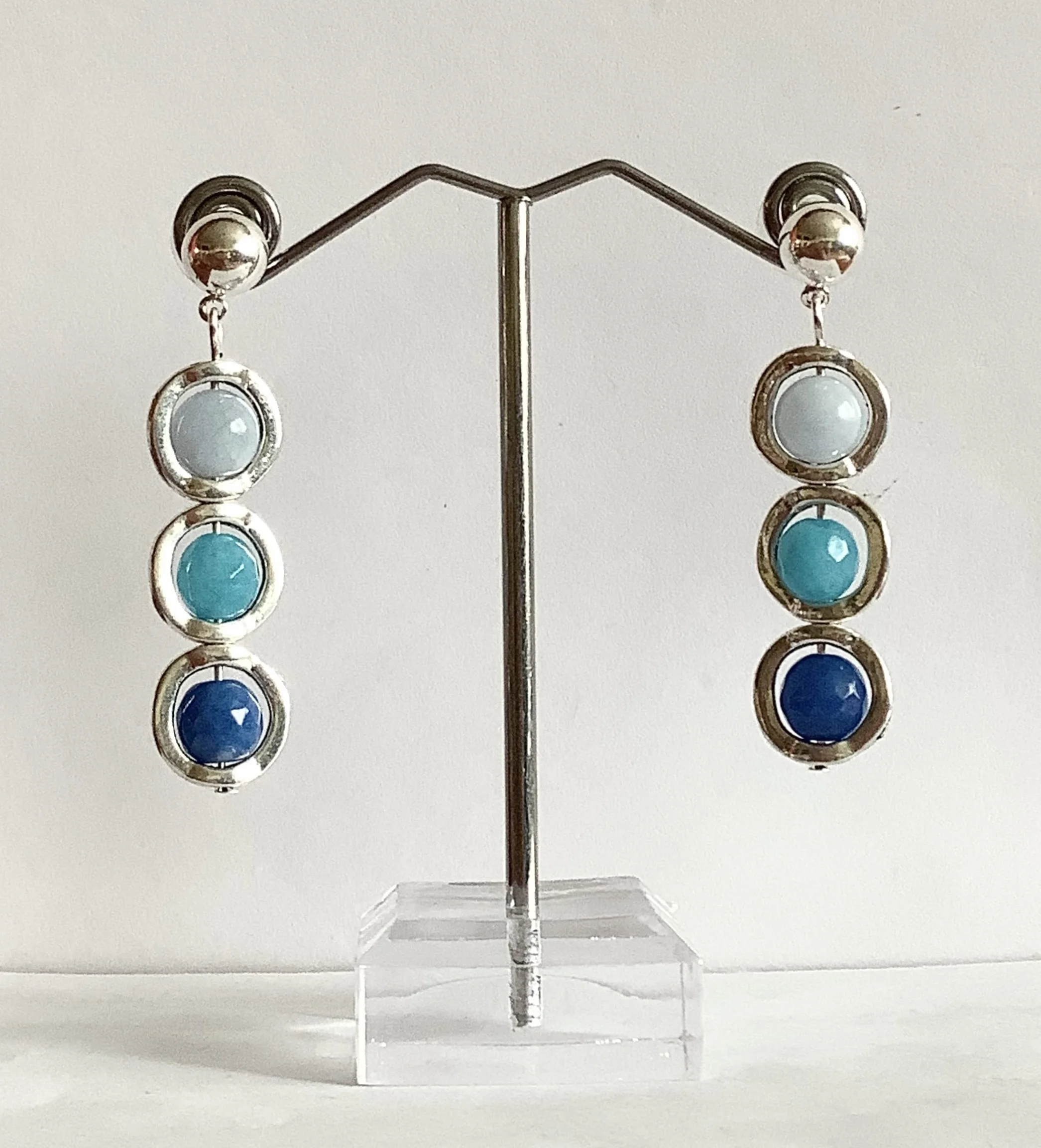 Pendientes Colgantes Aros con Piedras Naturales Ágatas Azul y Turquesa en Zamak color plata
