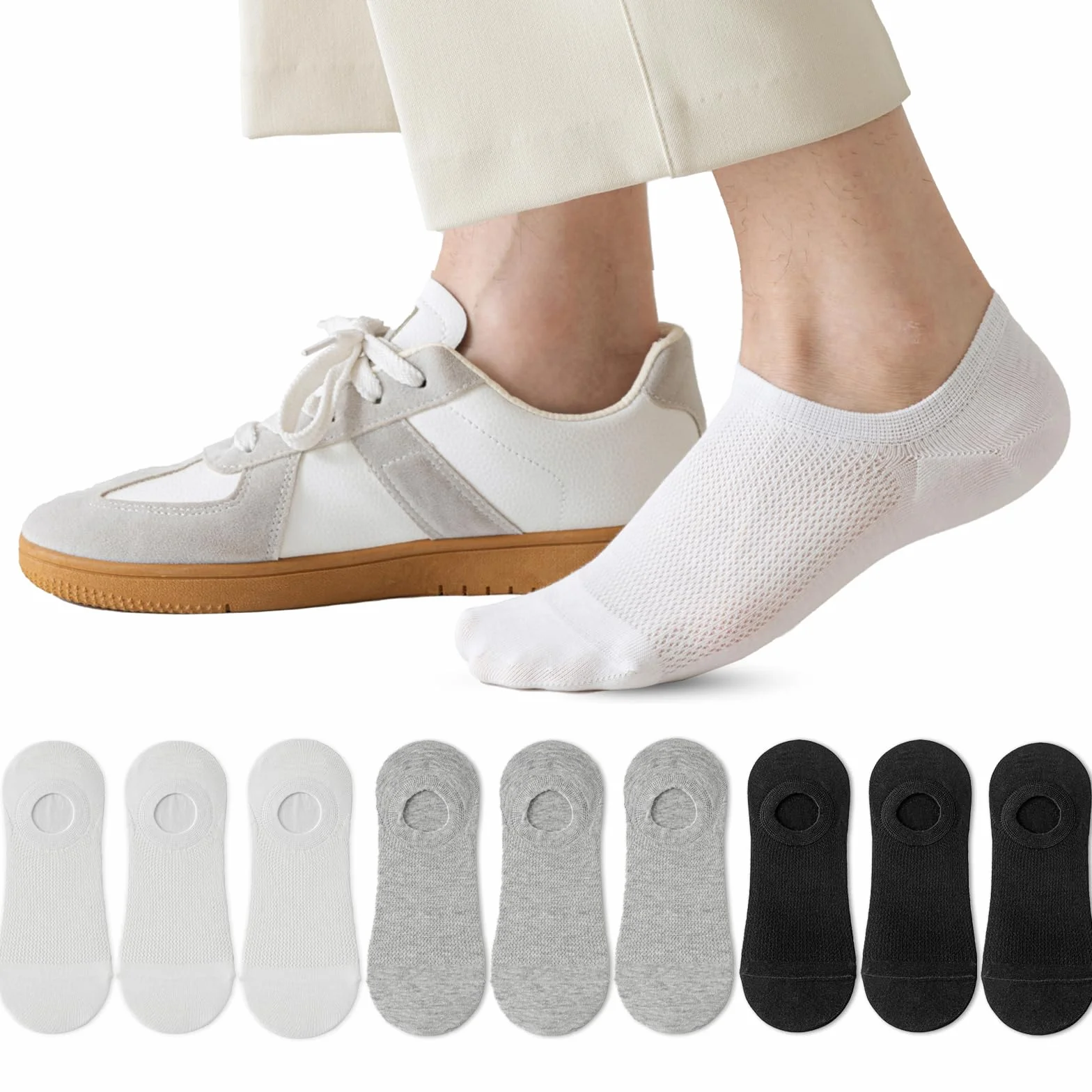 Caudblor Calcetines Invisibles Hombres Transpirable Algodón Antideslizante 40-43 44-47 Negro Blanco