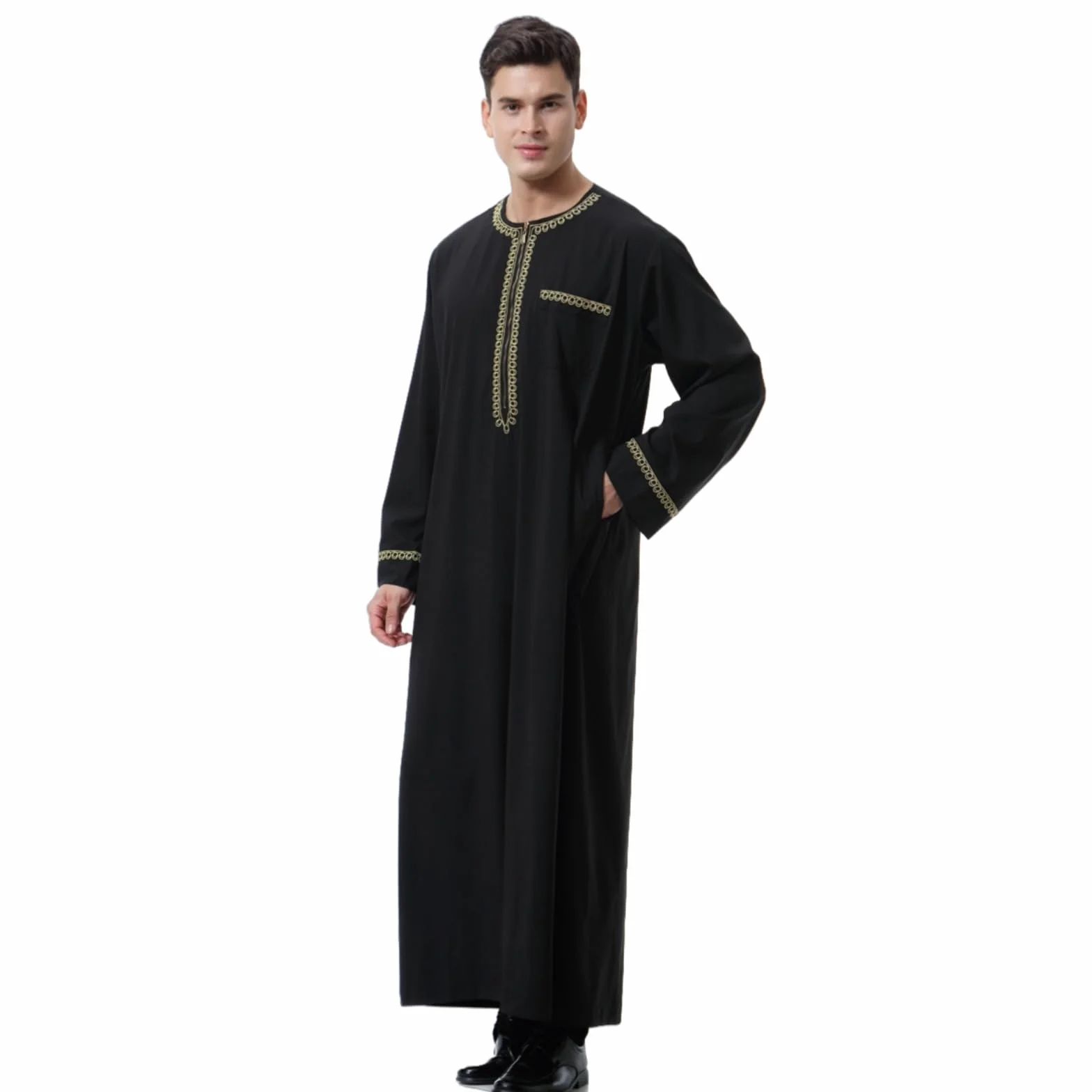 Túnica Árabe Bordada Hombre Jubba Thobe Ropa Musulmana Dubai Kaftan Blanco Negro M-3XL