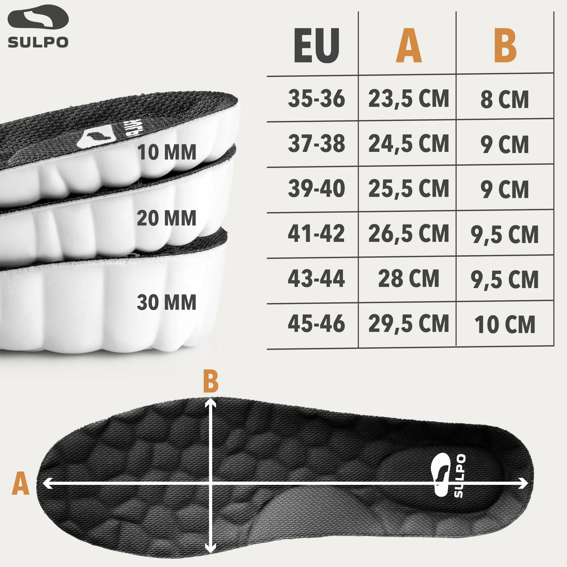 SULPO Plantillas elevadoras de espuma viscoelástica 3 alturas amortiguadoras antideslizantes negras talla 41-42 EU altura 2 cm