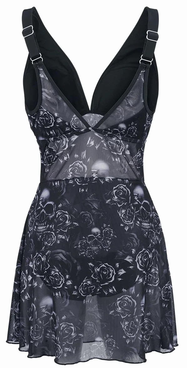 Black Premium by EMP Mujer bañador Negro Estampado Integral Calaveras Rosas
