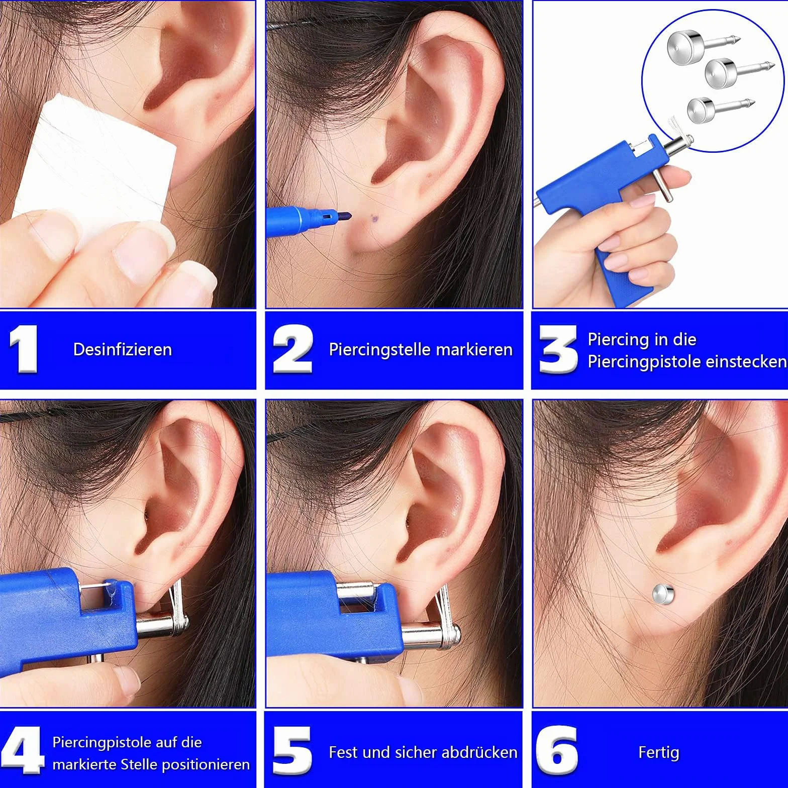 Longbeauty Juego de 224 pistolas perforadoras de acero inoxidable para piercing de oreja