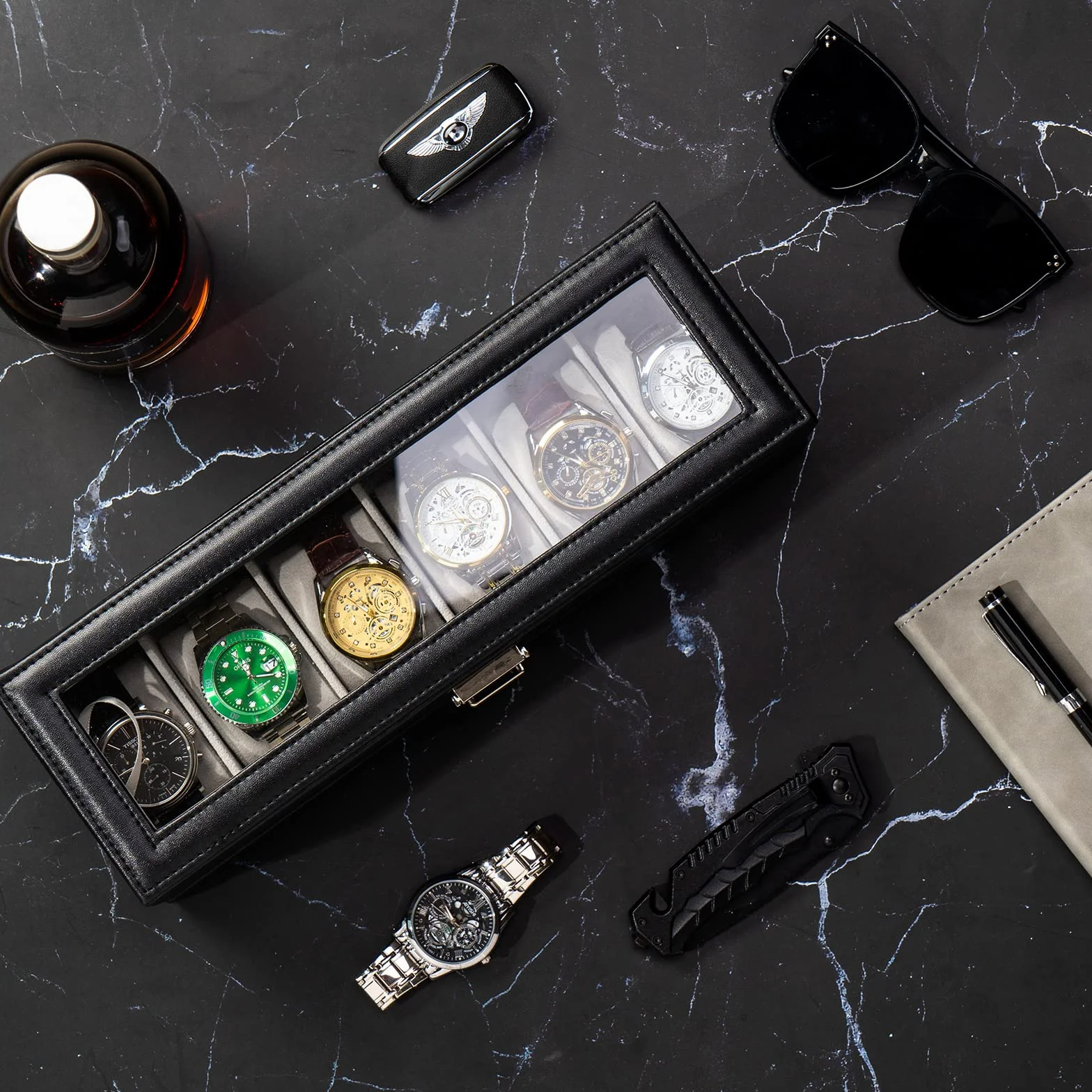 ProCase Caja de Relojes 6 Ranuras Cajón 2 Capas Tapa de Cristal Estuche Almacenamiento Negro