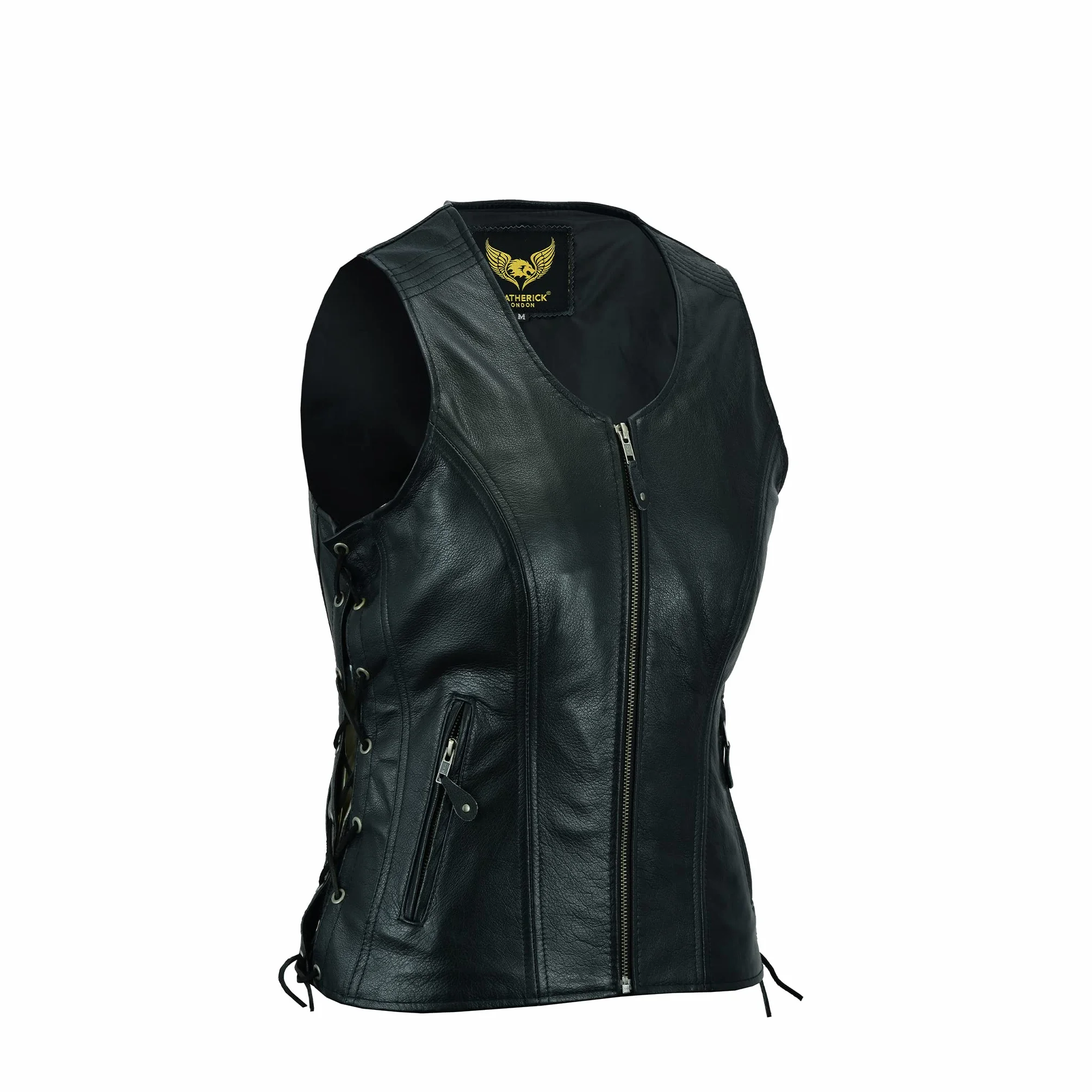 Leatherick Chaleco de cuero para mujer Chaqueta sin mangas de cuero de búfalo de grano superior genuino negro/Chaleco