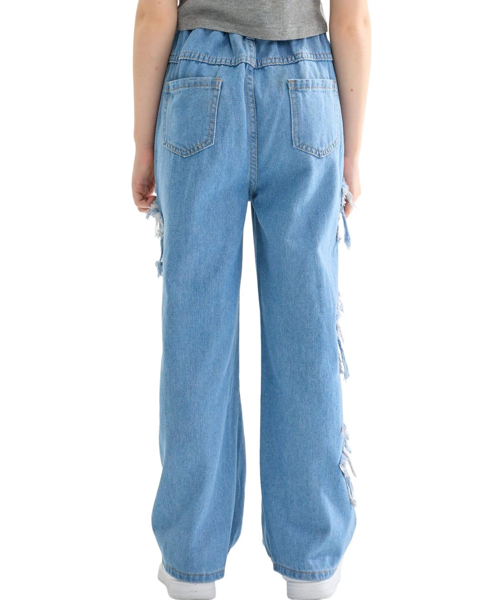 Vaqueros Niñas Loose Denim Pantalones Cintura Elástica Moda Rotos Azul