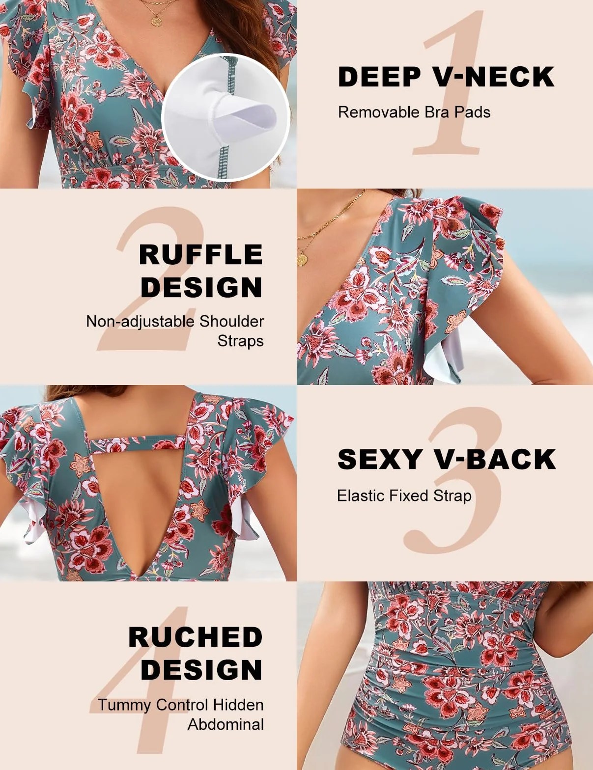 Yuson Bañadores Mujer de Una Pieza Reductores Cuello en V Fruncido Trajes de Baño Sexy Monokini Talla Grande