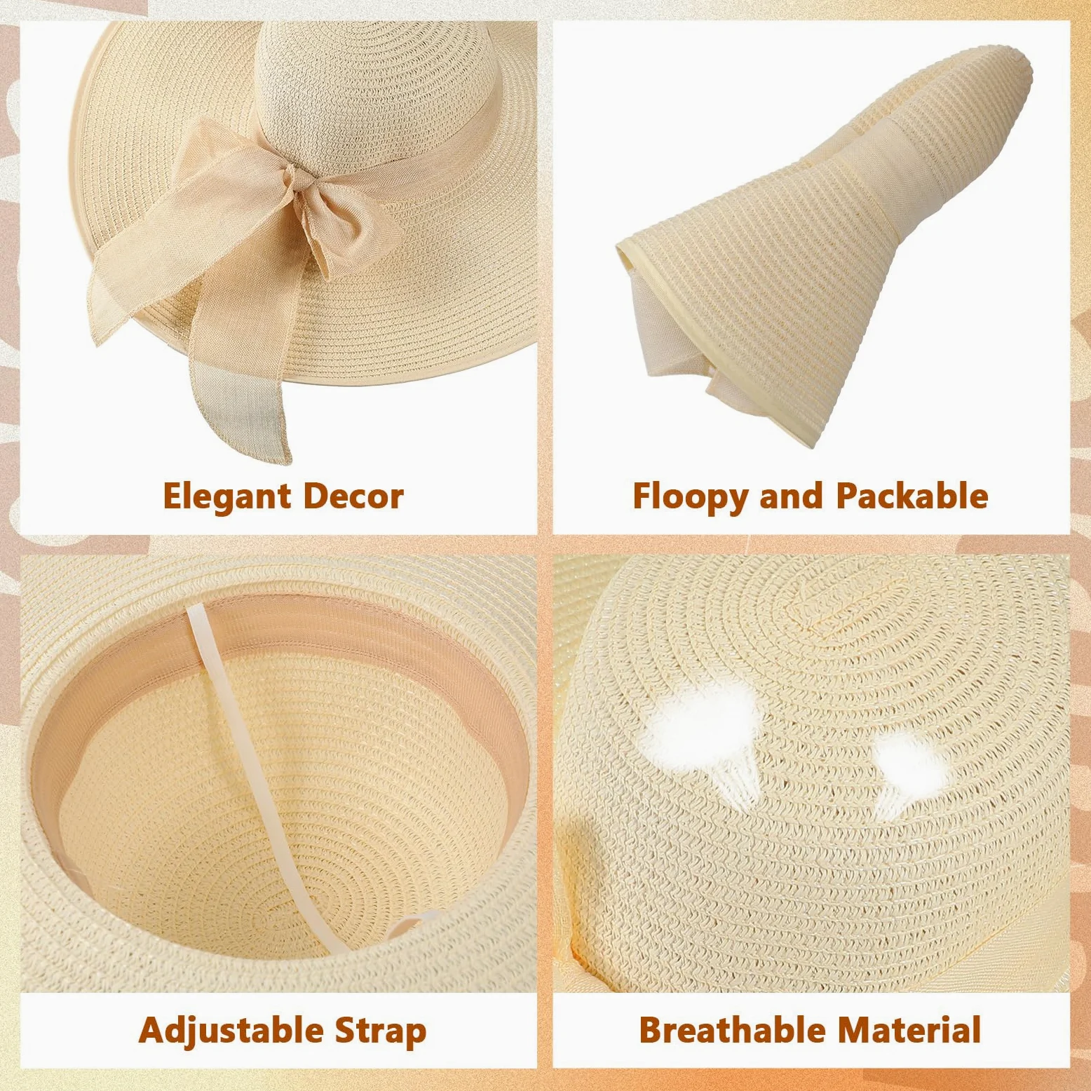 Tigeen 12 sombreros de paja de ala ancha para mujer, sombrero de paja plegable, sombrero de paja multicolor, sombrero de playa de verano UPF 50+, Beige, Talla única