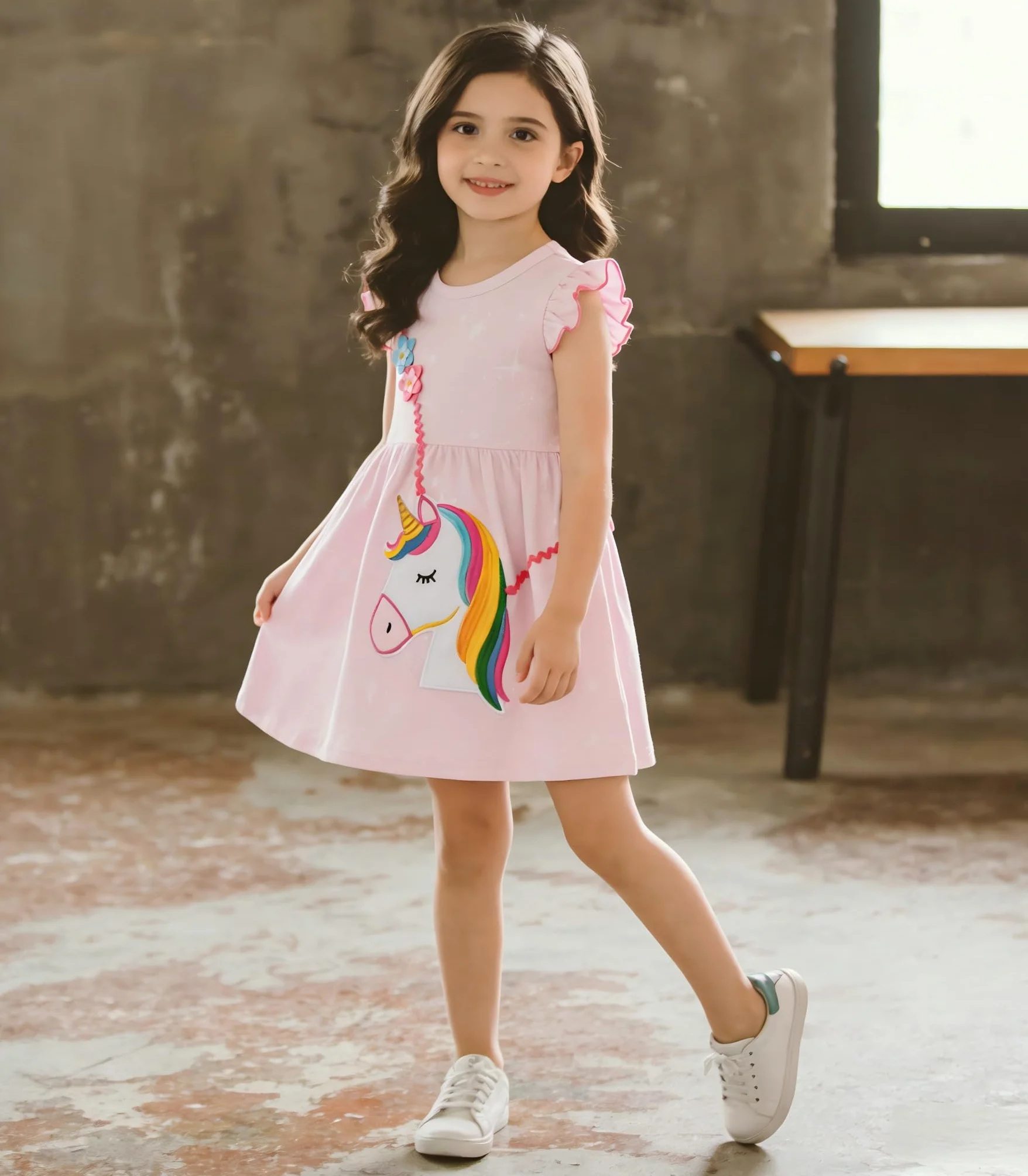 Vestido Niña Unicornio Manga Algodón Flores Verano Casual 2-8 Años