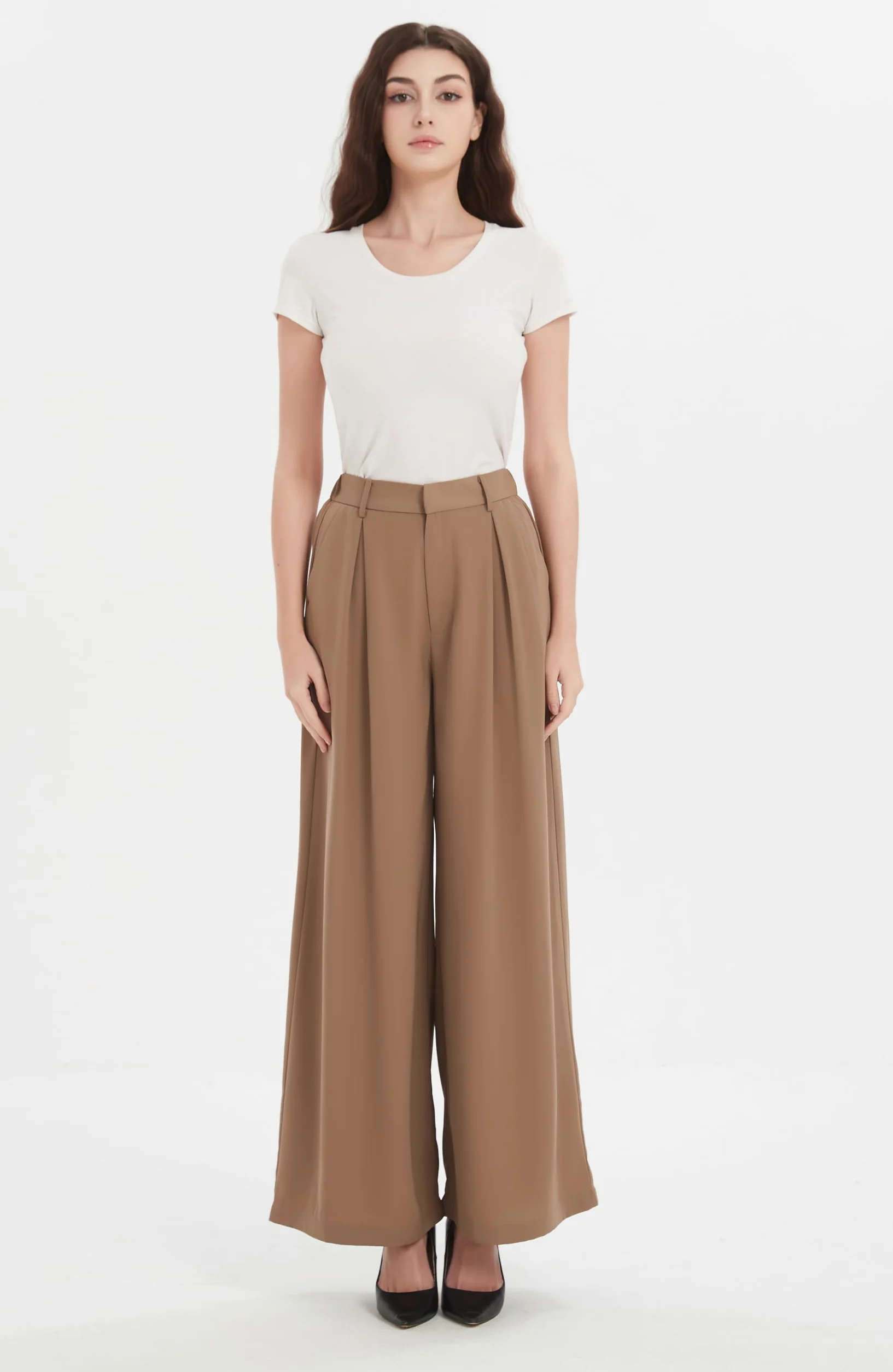 Tronjori Mujeres Pantalones Cintura Alta Casual Pierna Ancha Plisados Delanteros Pantalones con Bolsillos Laterales para Ocio Trabajo Oficina