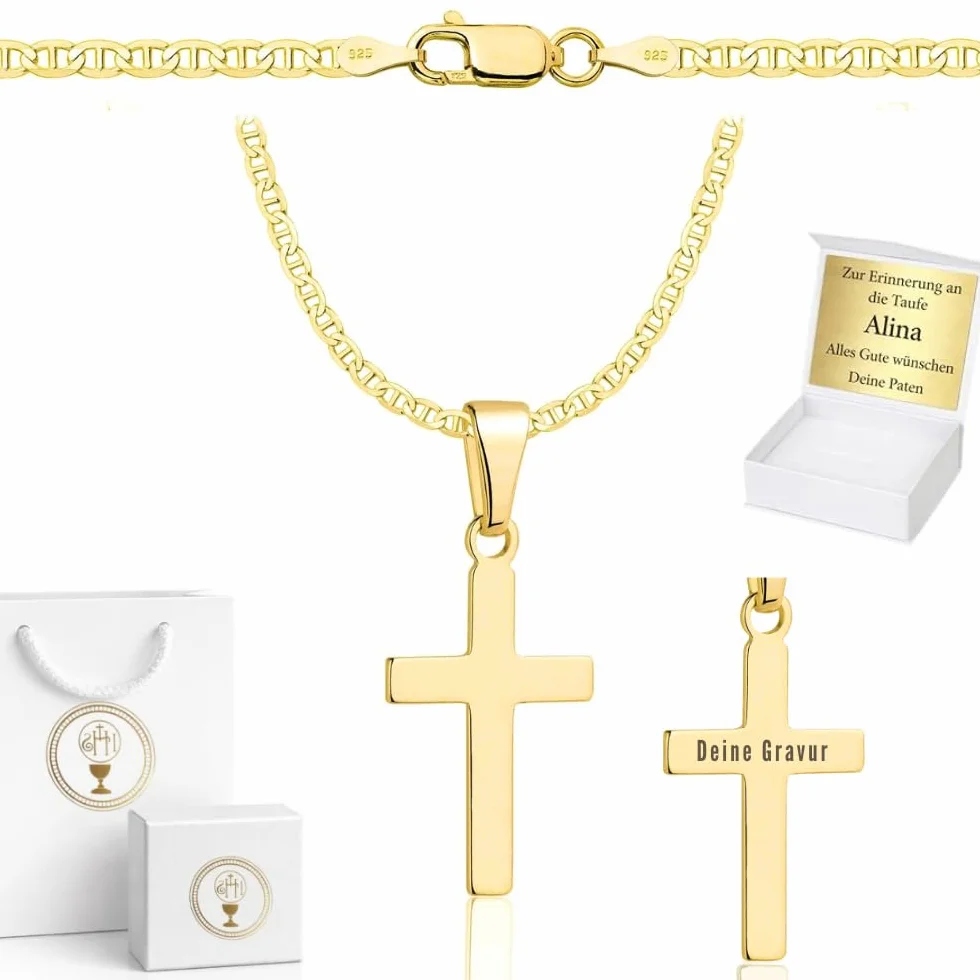ZELYA Cadena de oro con cruz 14 quilates 925/585 para niños – Cadena de comunión y bautizo con caja de regalo