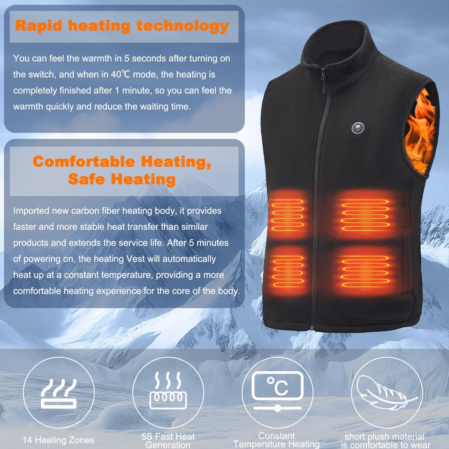 Chaleco Calefactable 27000mAh Bateria 14 Zonas 3 Temperaturas Ajustables Hombre Mujer Negro M