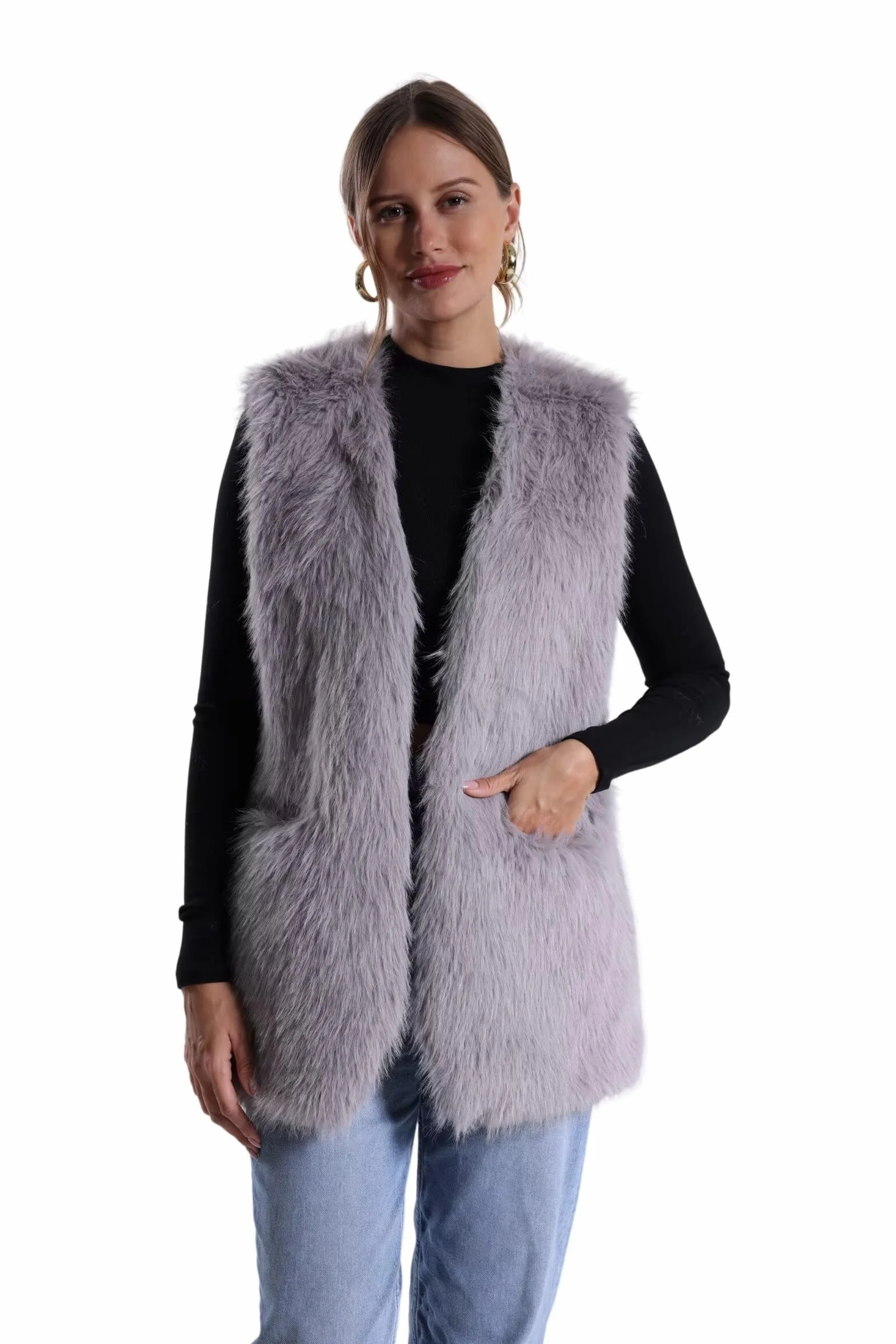 Chaleco de piel sintética de conejo para mujer, abrigo de invierno con cuello en V, sin mangas, mullido, cálido, chaleco de piel sintética con bolsillos