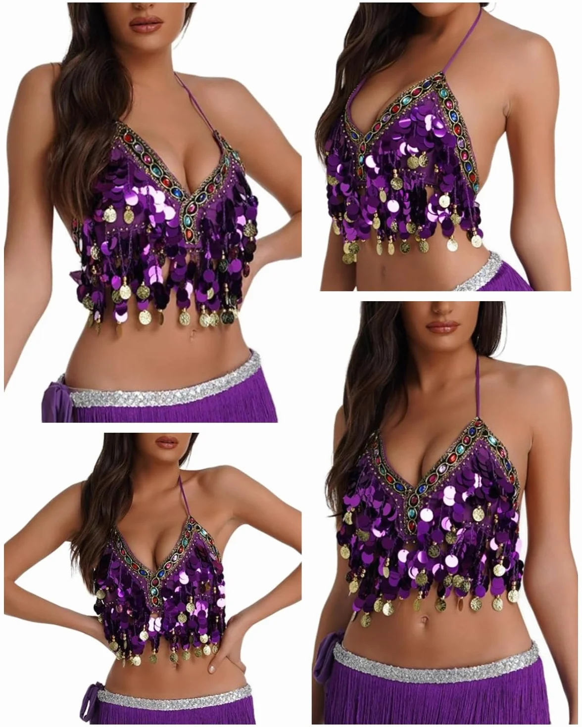 Sujetador con lentejuelas para danza del vientre, top corto brillante cuello halter flecos